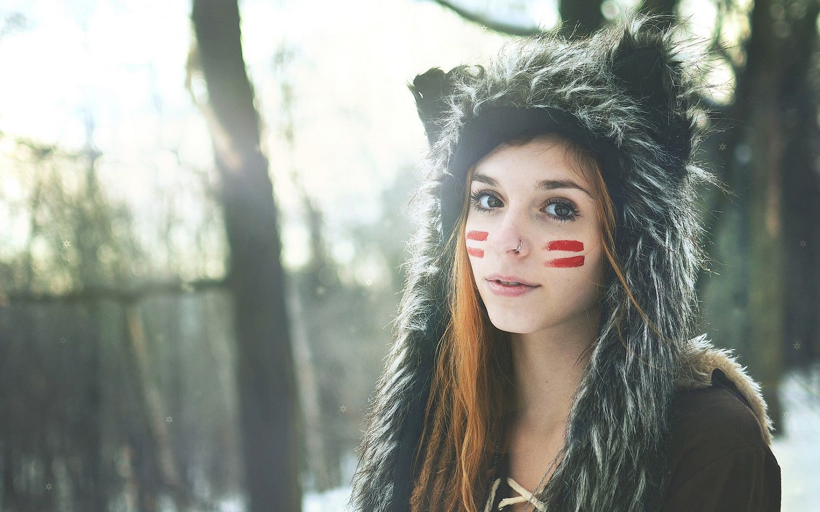forest, one person, 720P, cap, fur, clothing, Fennek Suicide, young adult, make-up, front view, critter, looking at camera, teenager, warm clothing, portrait, HD Wallpaper