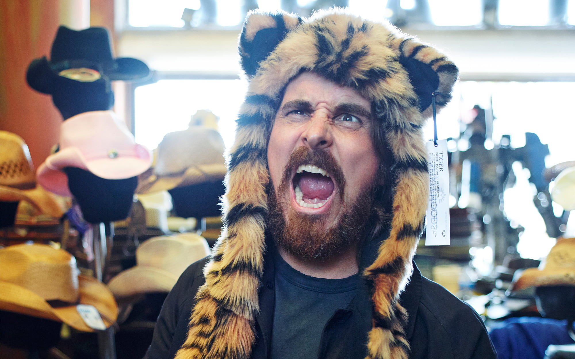 facial hair, people, incidental people, smiling, mouth, leisure activity, front view, humor, christian bale, human Face, mid adult, cap, mouth open, real People, HD Wallpaper