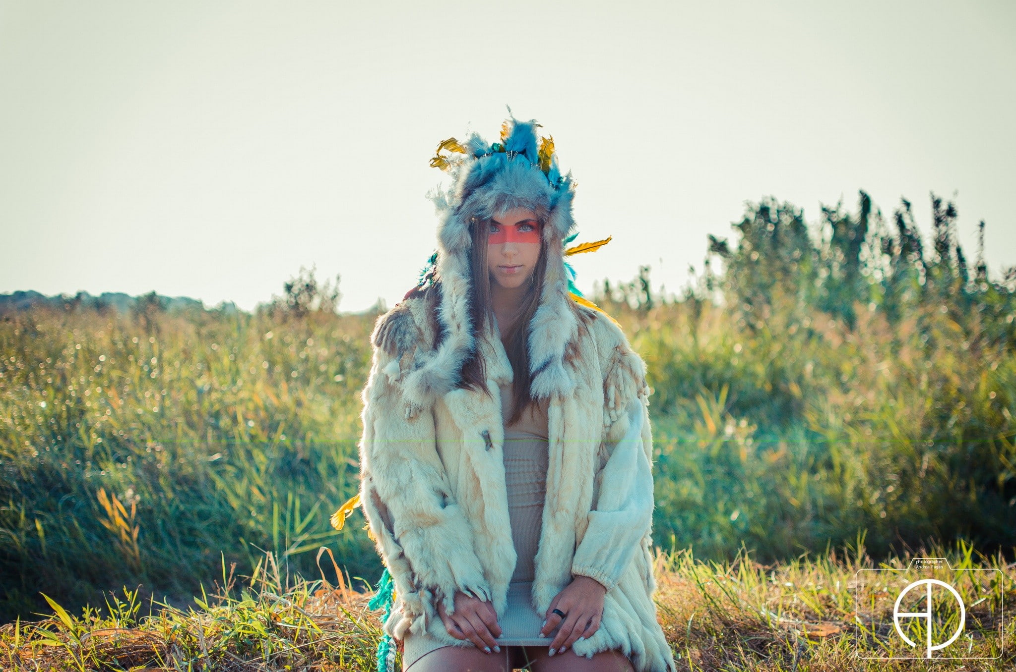 women, fluffy hat, blue eyes, face paint, 1080P, HD Wallpaper