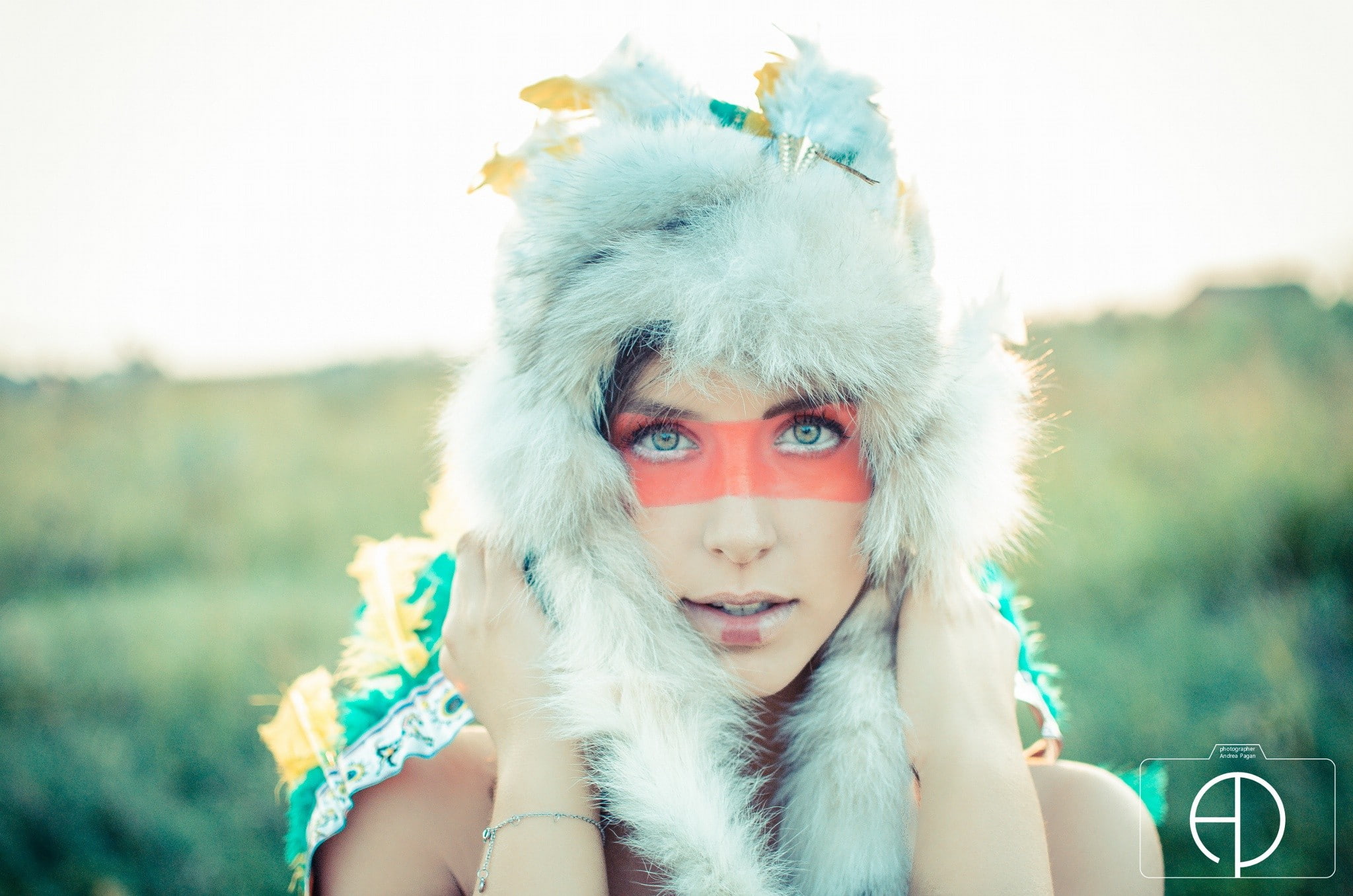 looking at viewer, face paint, green eyes, fluffy hat, women, 1080P, HD Wallpaper
