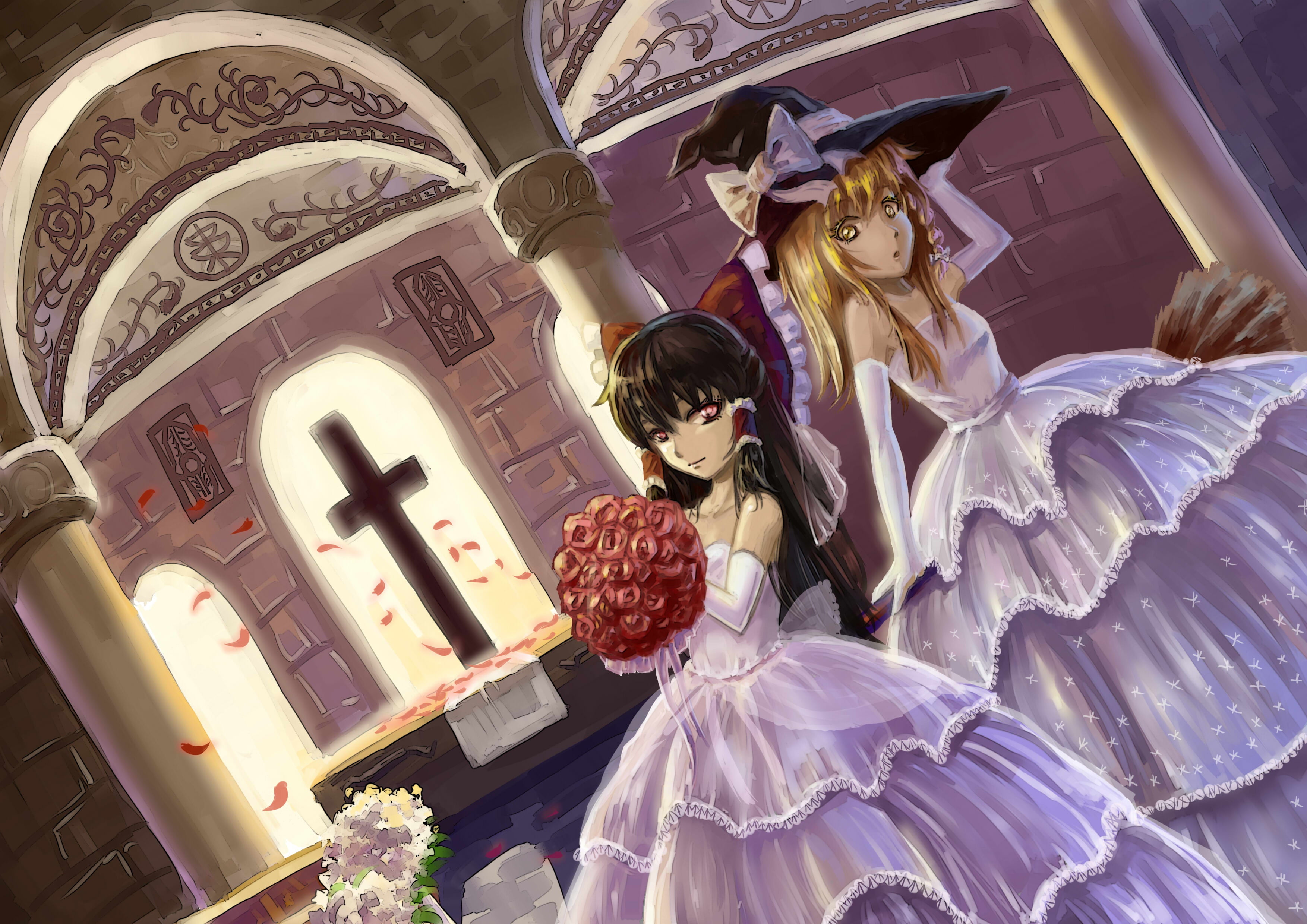 Yuugyou You, the fluffy skirt, broom, wedding dress, gloves elbow, the altar, Project East, Touhou Project, 2K, bride, Church, art, cross, Marisa Kirisame, HD Wallpaper