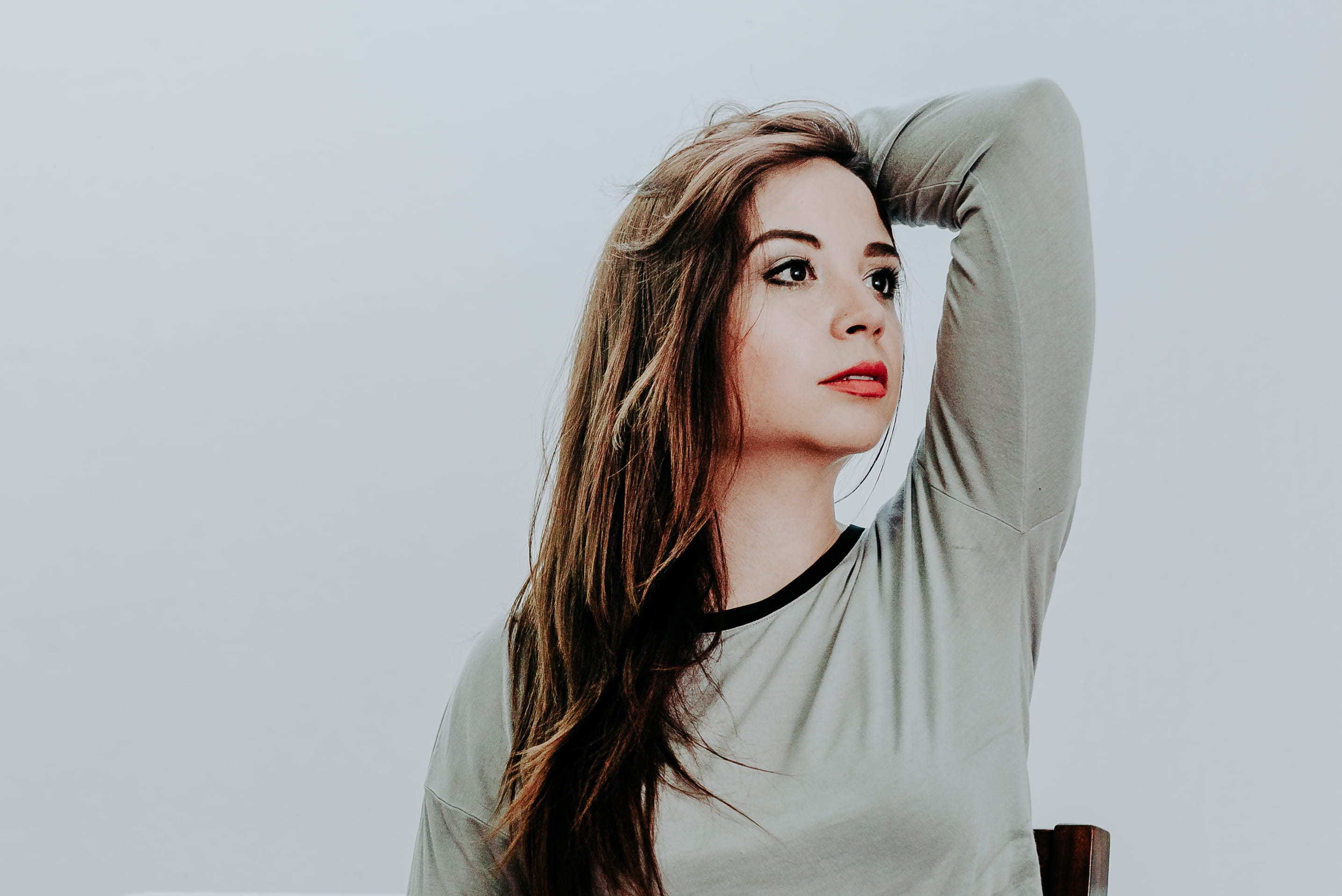 hairstyle, studio shot, female, gray, young adult, long, beautiful woman, arm, wall, wearing, fashion model, neutral, beatiful, painted, redlip, human hair, HD Wallpaper