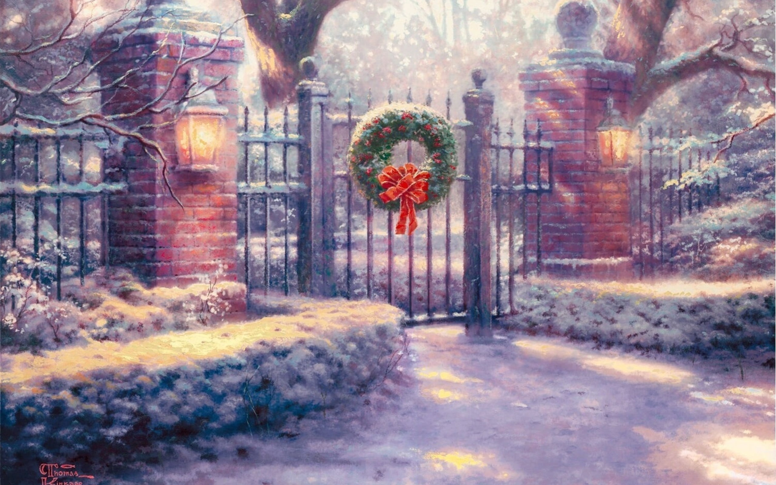 old-fashioned, building exterior, street, tranquil Scene, Thomas Kinkade, scenics, plant, green, beauty In Nature, 2K, winter, fog, painting, Gate, snow, HD Wallpaper