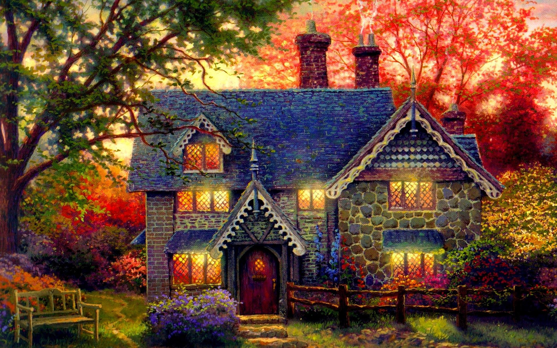 bench, thomas kinkade, gingerbread, cottage, light in the windows, stone cottage, gingerbread cottage, 1080P, party, HD Wallpaper
