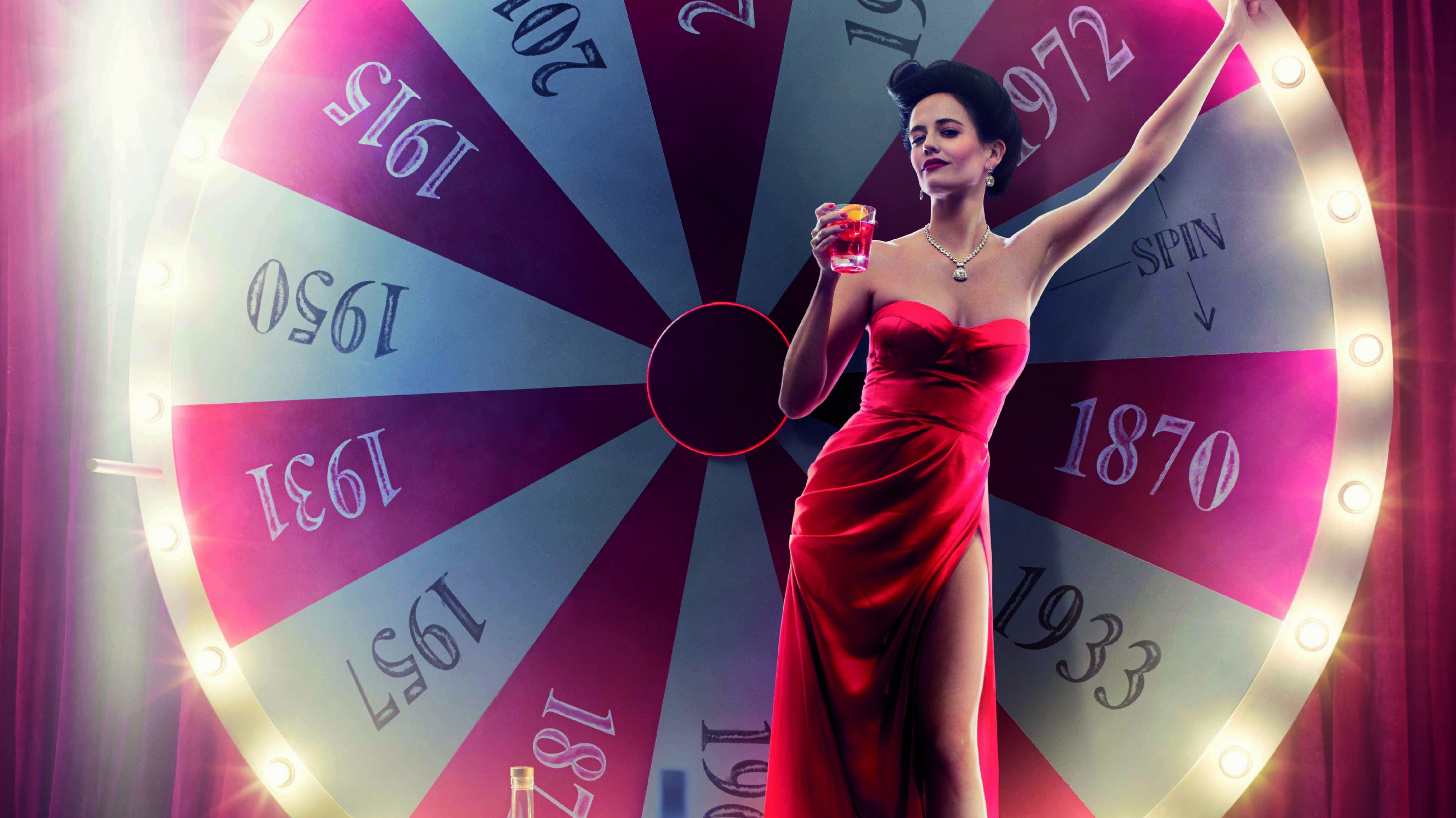 woman, roulette, sweetheart, neckline, calendar campari, Penny Dreadful, front, Actress, 5K, Eva Green, red, dress, brunette, model, drink, HD Wallpaper
