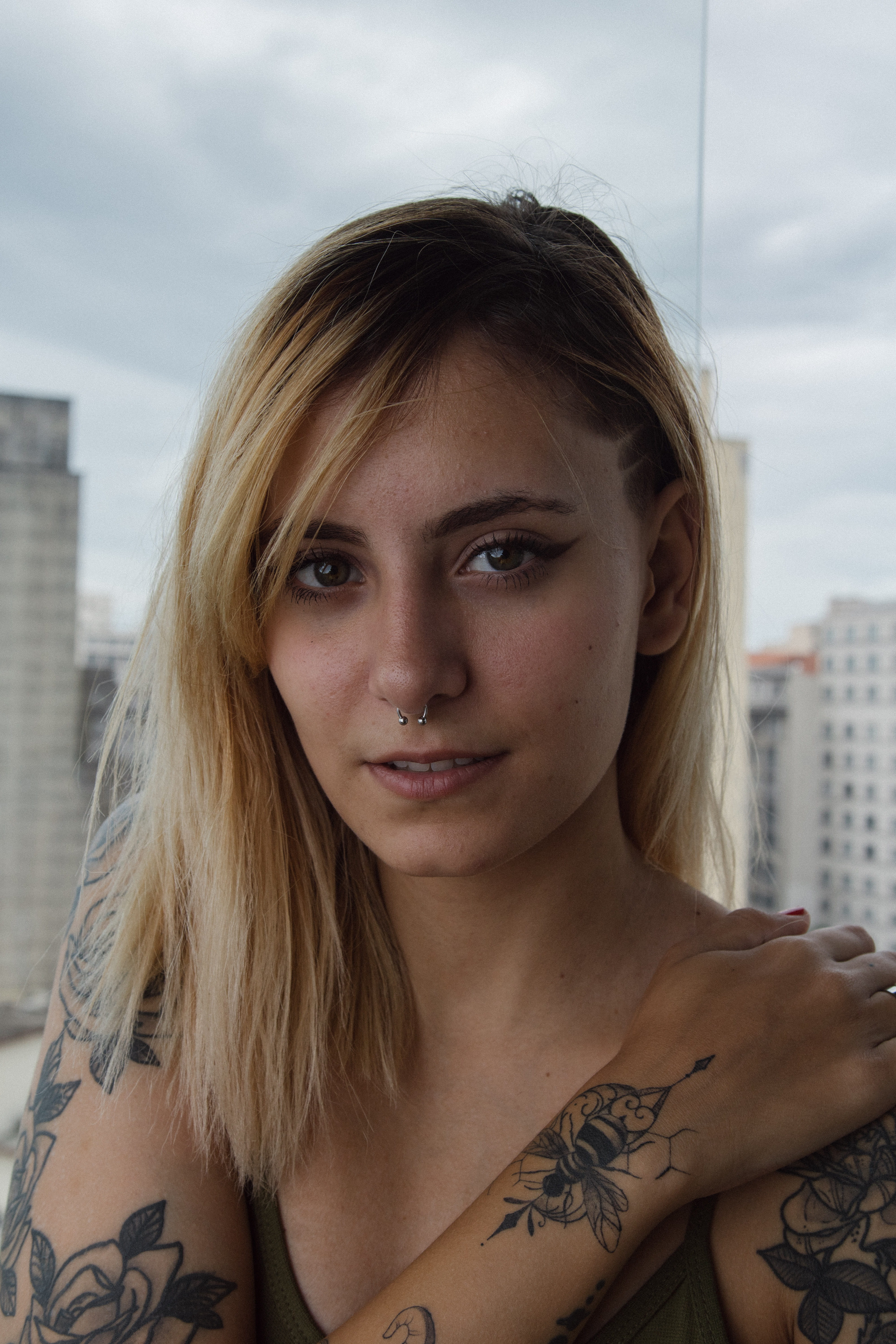 headshot, skin, pose, girl, colors, beauty, lips, beautiful woman, adult, hair, blond hair, leisure activity, wear, looking, close-up, woman, daytime, tattoos, Phone HD Wallpaper