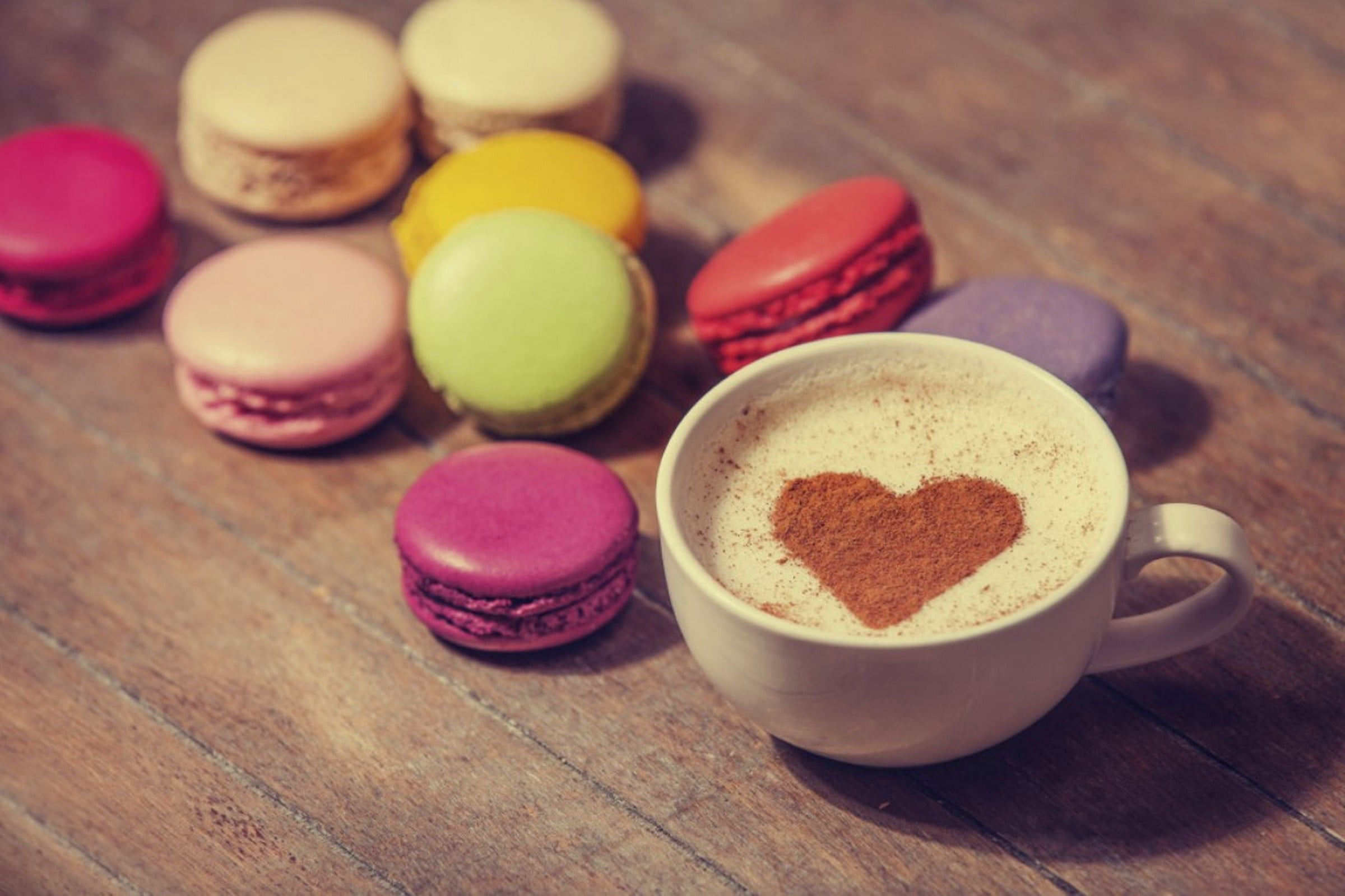 backgrounds, brown, pastry, food and drink, cookies, cafe, cream, love, macaron, dessert, snack, coffe, macaroon, hot drink, multi Colored, espresso, heart Shape, HD Wallpaper