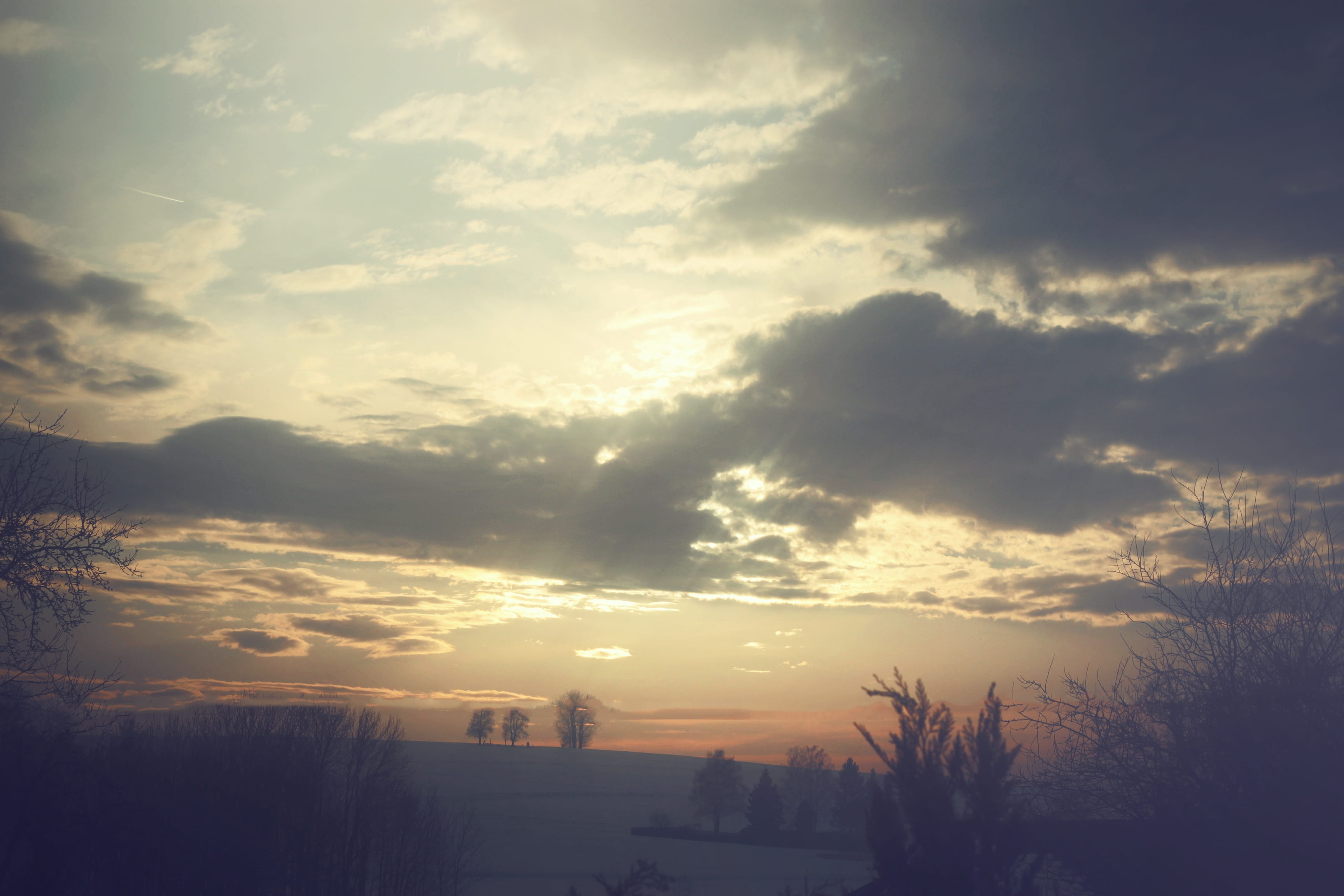 drama, atmosphere, last light, environment, beautiful, mood, Sun, silhouette, outdoors, winter, tranquility, evening, dramatic, red, dusk, trees, cloud - sky, HD Wallpaper