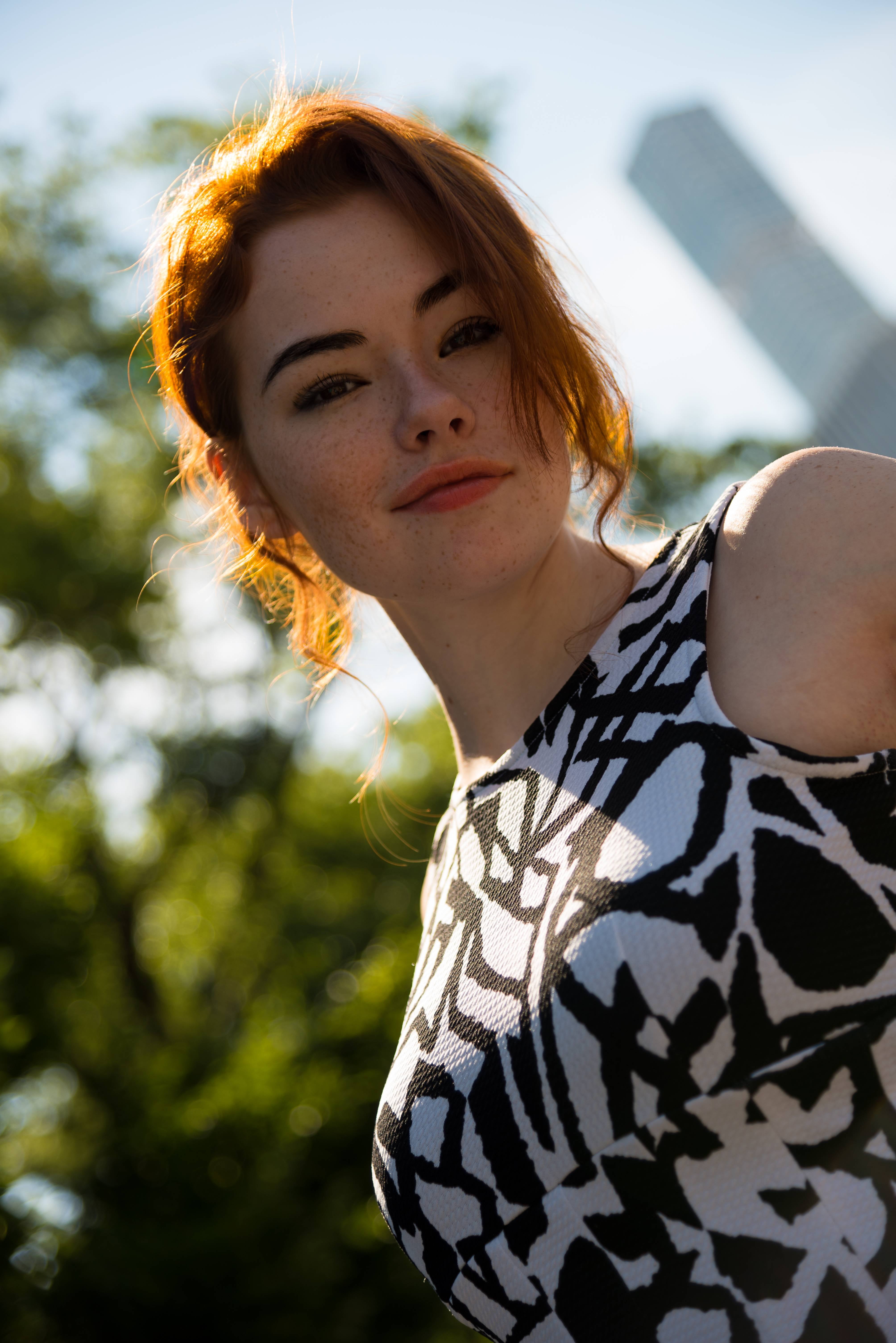 face, freckles, women outdoors, portrait display, 5K, redhead, depth of field, model, Sabrina Lynn, Phone HD Wallpaper