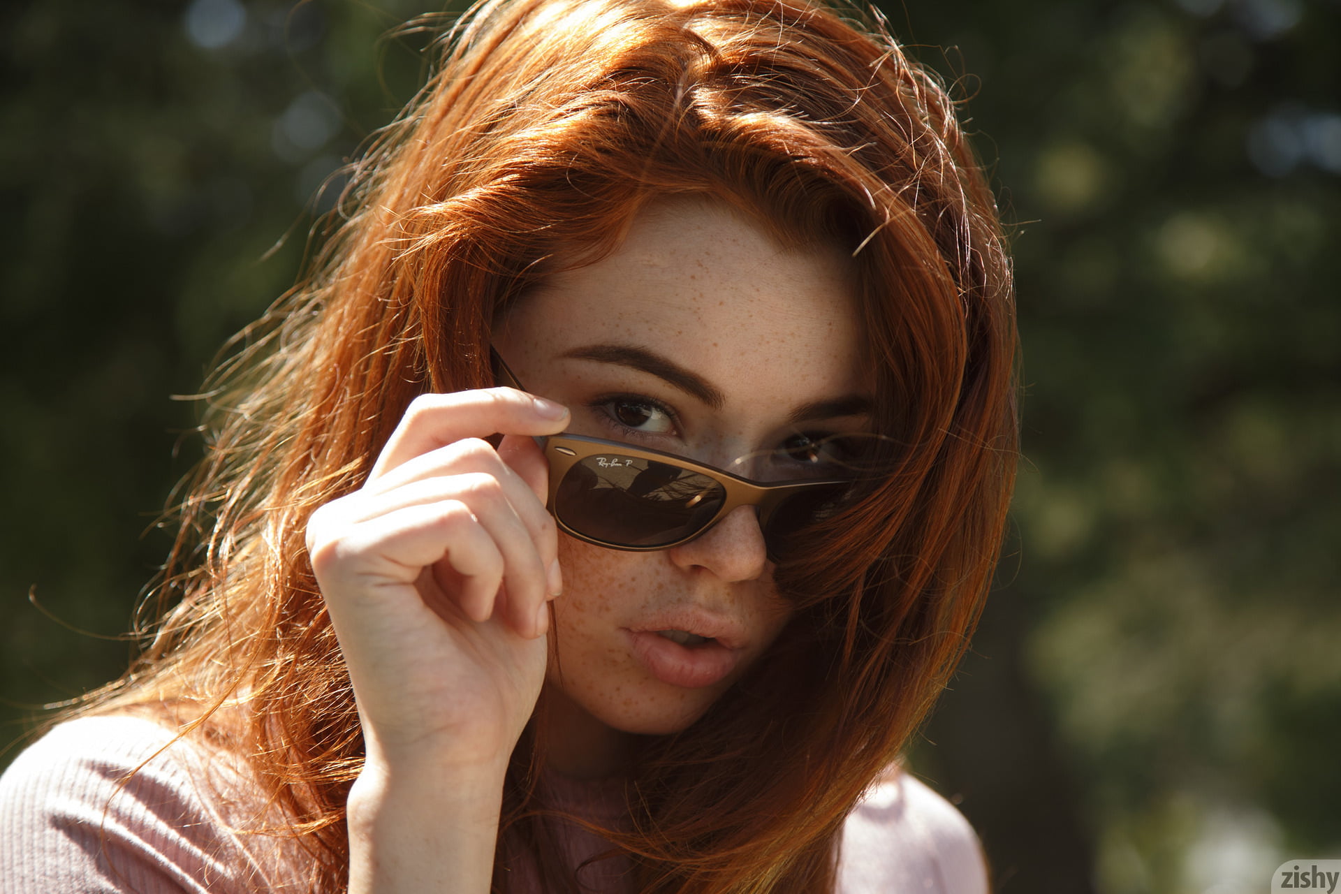 sunglasses, model, women, Ray-Ban, redhead, zishy, open mouth, Sabrina Lynn, women outdoors, women with shades, outdoors, pink tops, looking at viewer, HD Wallpaper