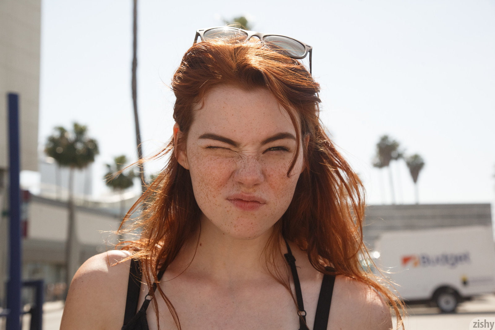 720P, face, women, zishy, women outdoors, model, sunglasses, long hair, freckles, street, bare shoulders, redhead, winking, Sabrina Lynn, women with shades, HD Wallpaper