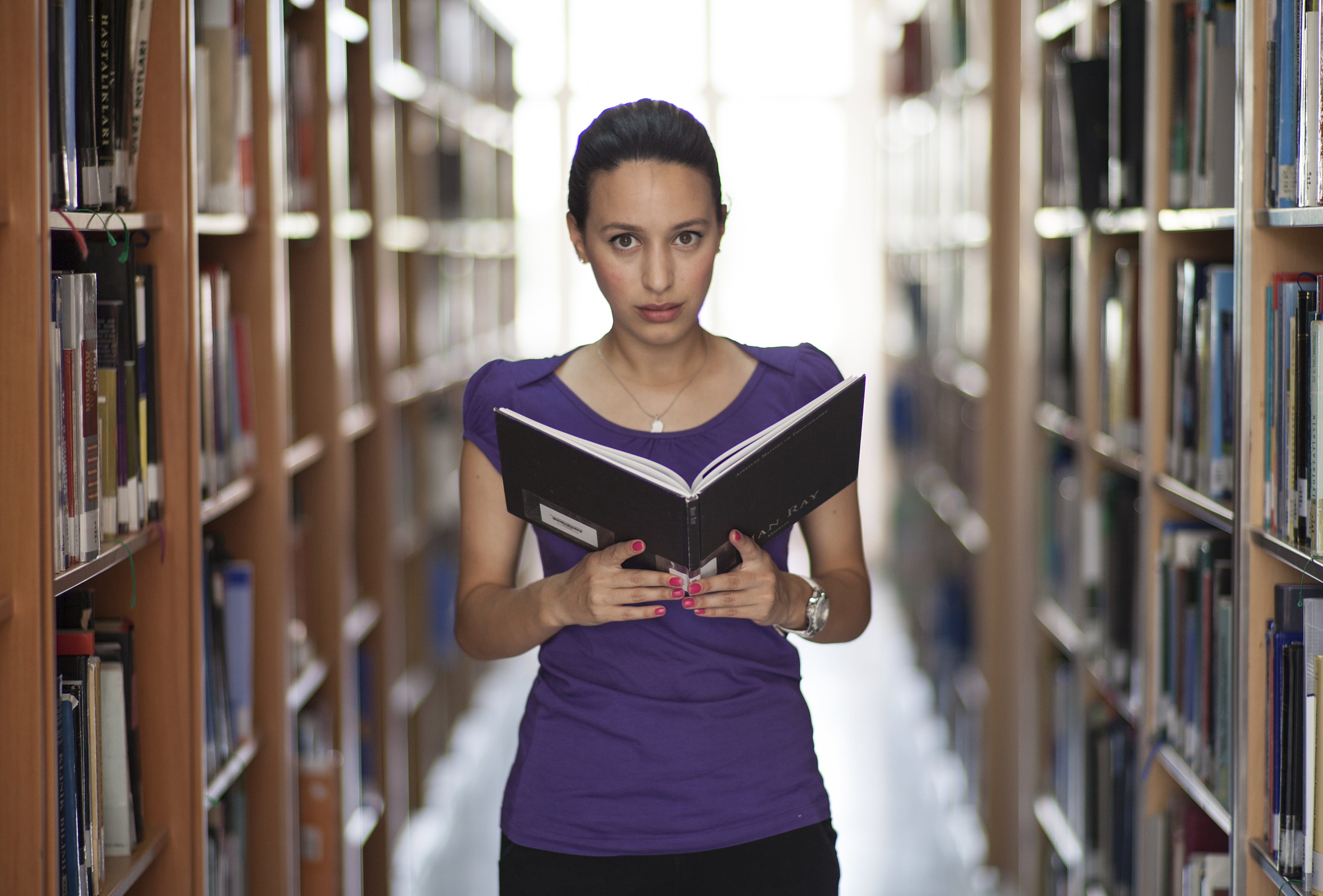 womens, front view, face, beautiful, adults only, book, learning, studying, purple, shelf, education, adult, holding, model, university, bookshelf, course, HD Wallpaper