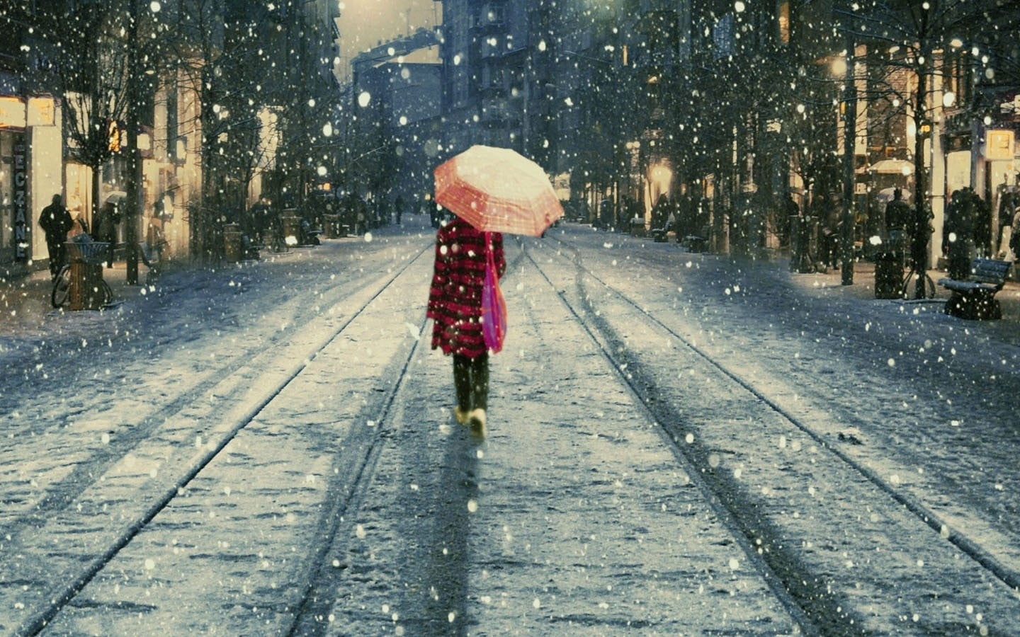 transportation, one person, cold temperature, warm clothing, 720P, rod, fishing, walking, snow, rear view, railway, street, real people, rain, black, adult, HD Wallpaper