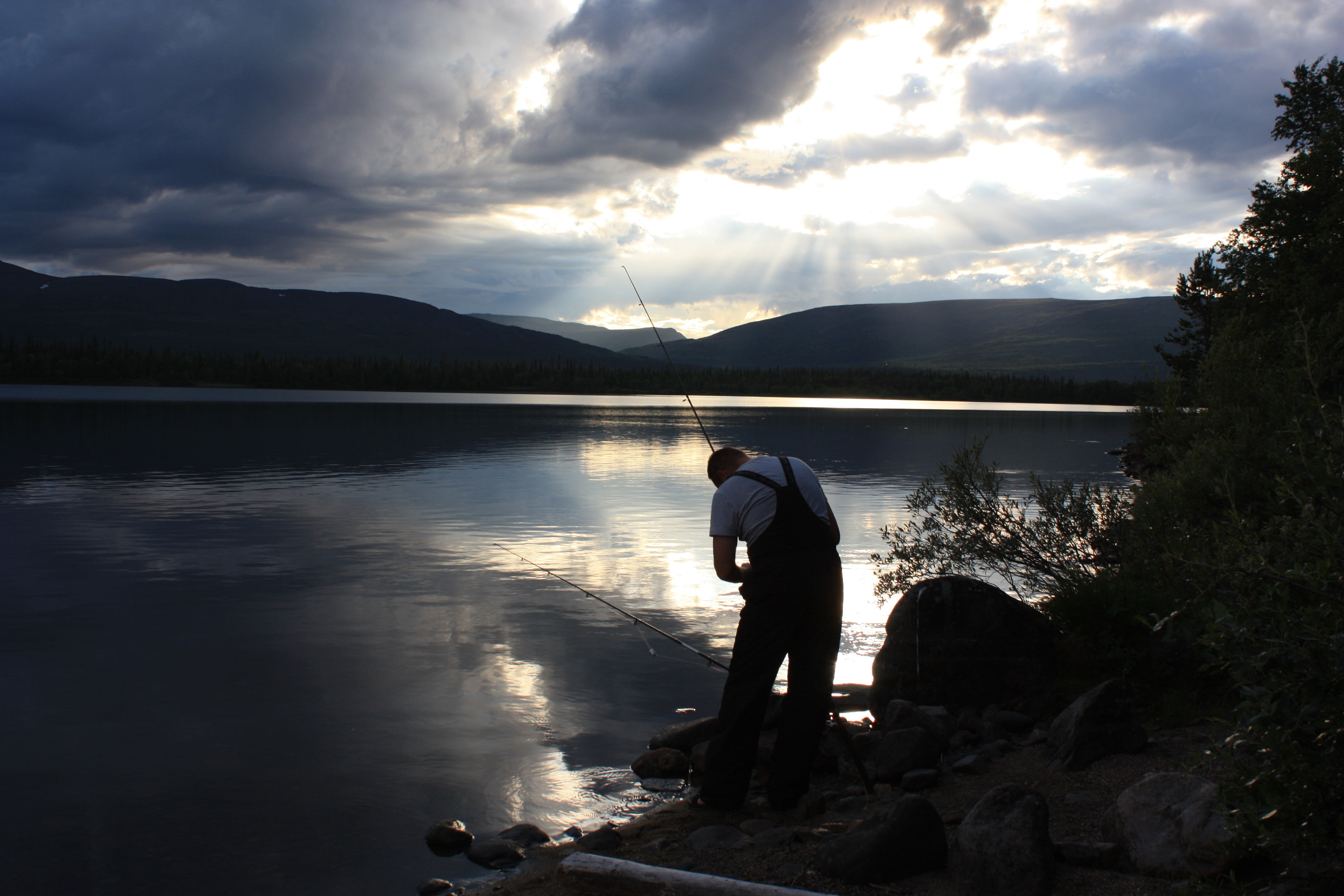 fishing rod, water, landscape, outdoors, lifestyles, men, one person, mountain range, 4K, cloud - sky, full length, non-urban scene, fishing, beauty in nature, HD Wallpaper