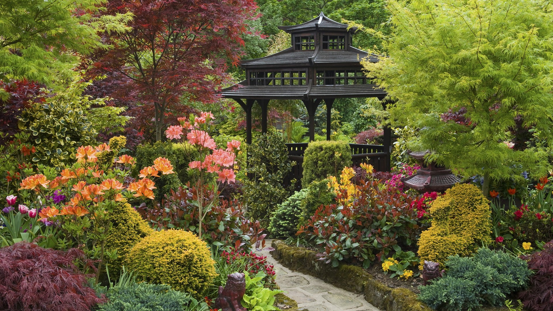 gazebo, flower, building exterior, growth, multi colored, change, black, park, outdoors, beauty in nature, path, building, green color, tree, nature, park - man made space, HD Wallpaper