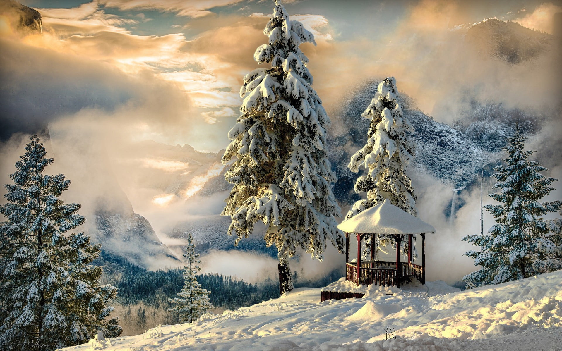 tranquility, tranquil scene, cold temperature, snow, ski resort, environment, cloud - sky, tree, mountains, winter, forest, gazebo, sky, frozen, trees, HD Wallpaper