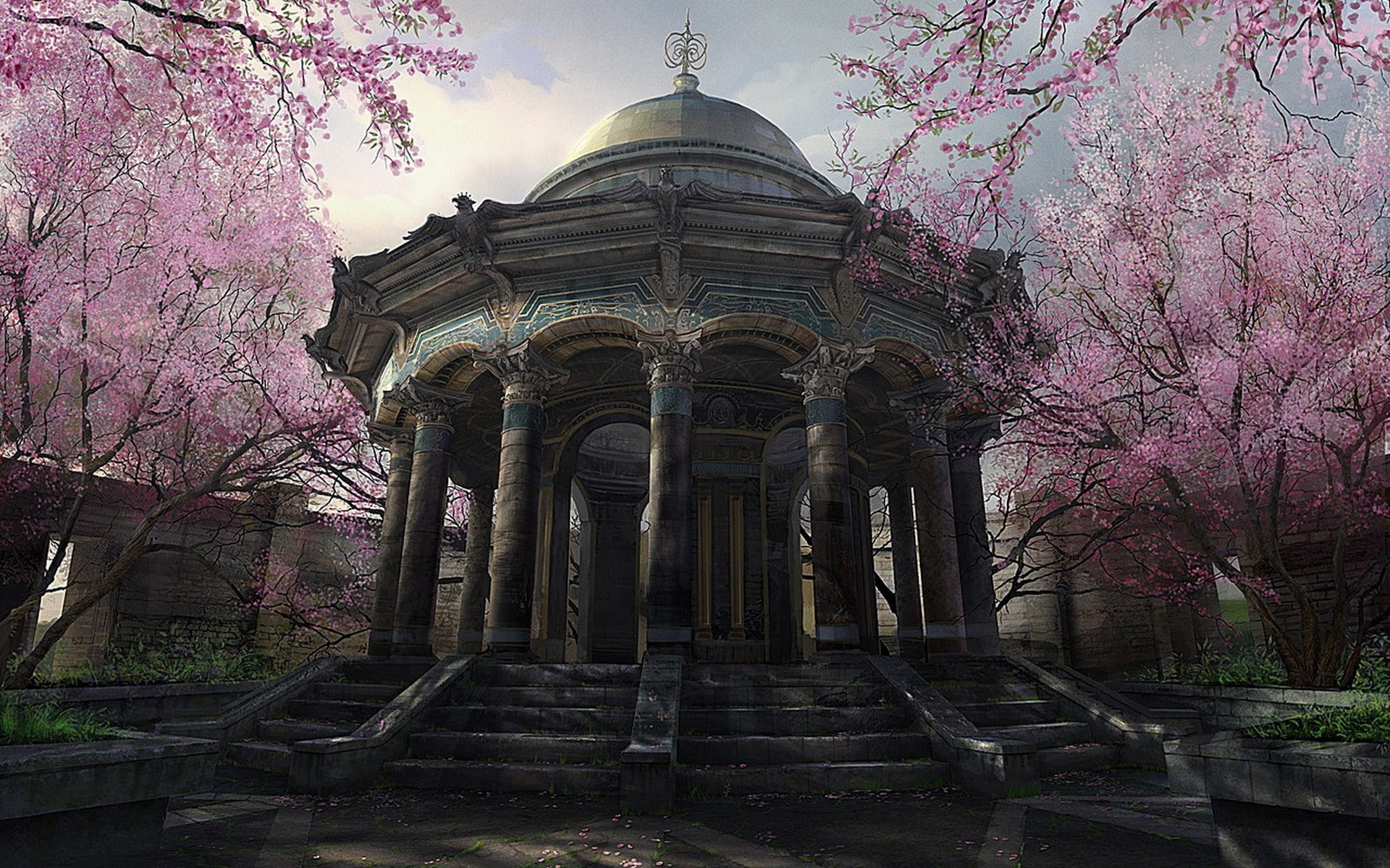 pink color, architecture, cherry blossom, history, gazebo, outdoors, growth, beauty in nature, nature, architectural column, travel destinations, 1080P, HD Wallpaper