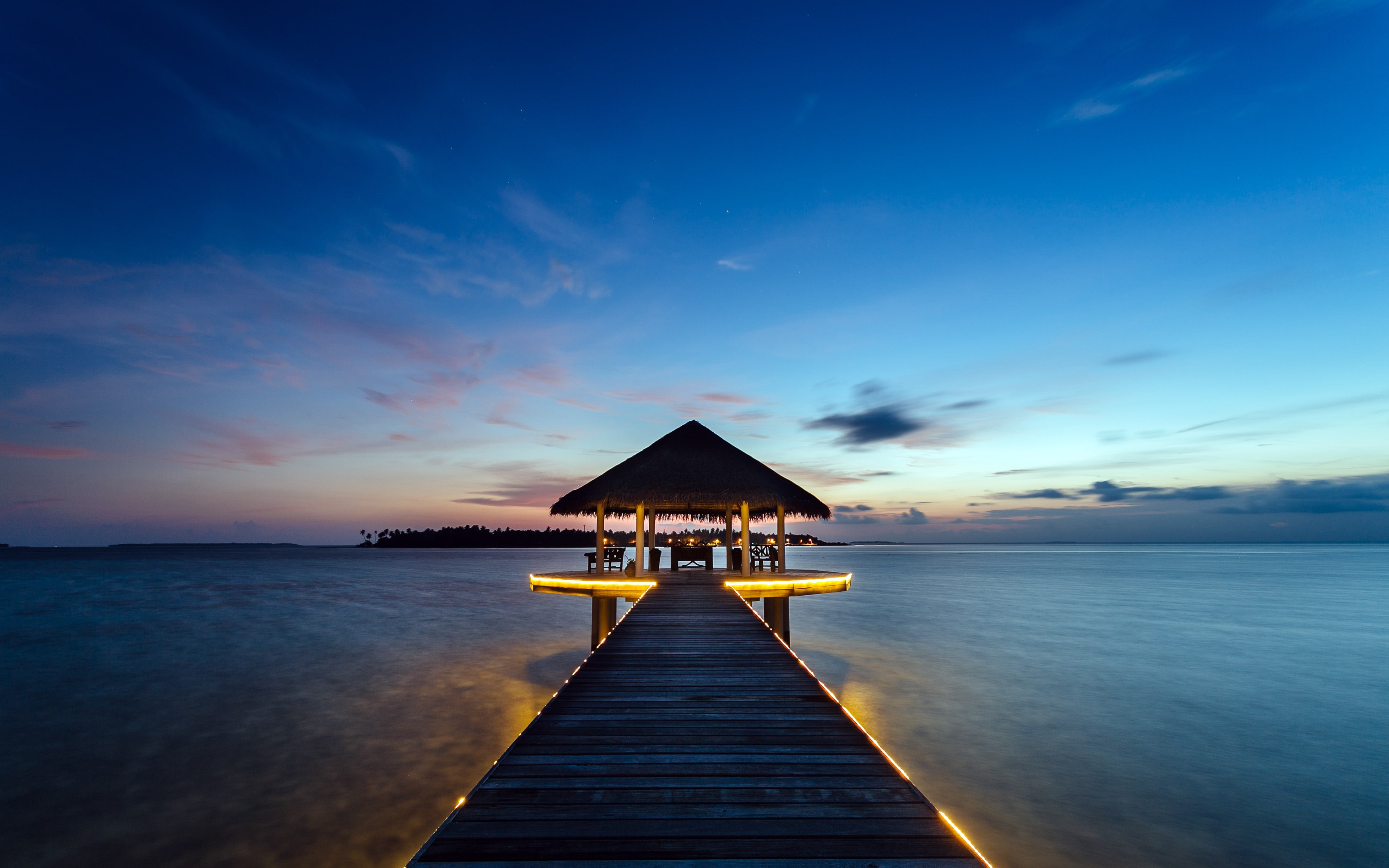 sunset, 4K, pier, gazebo, evening, coast, sea, HD Wallpaper