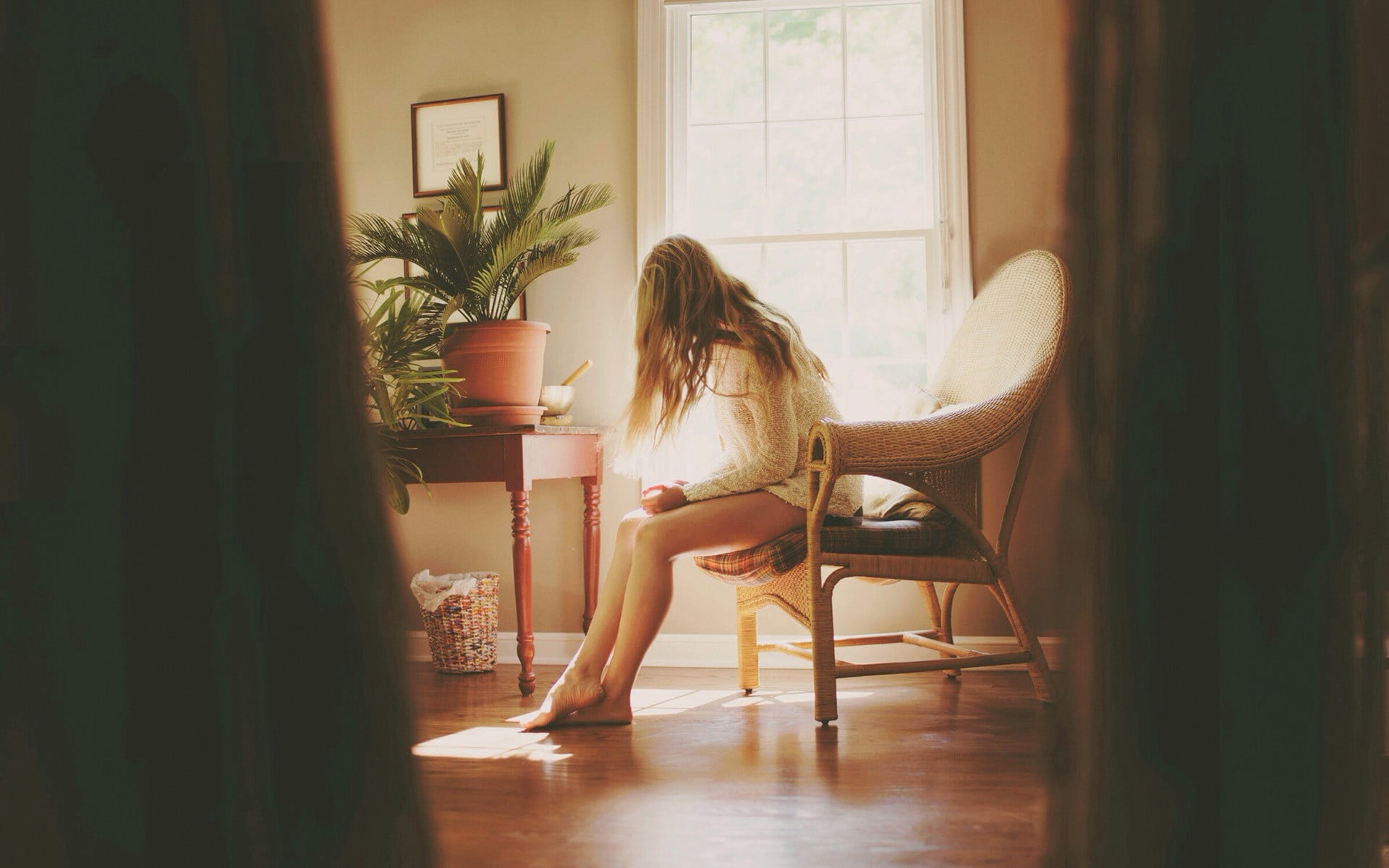 flooring, women, window, armchair, full length, indoors, adult, hairstyle, day, sitting, home interior, leisure activity, sweater, wood, 1080P, legs, potted plant, HD Wallpaper