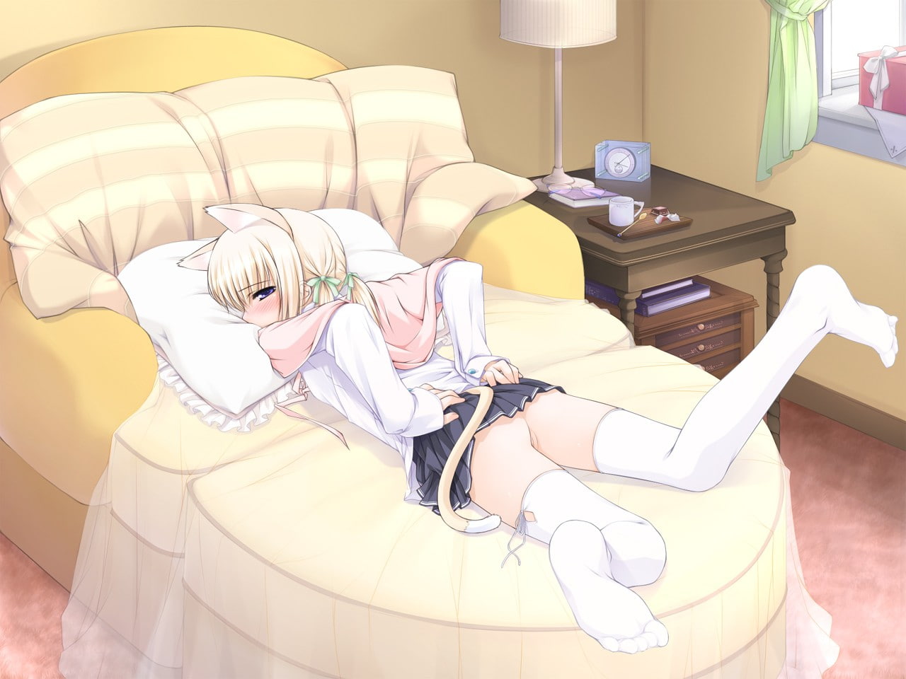 720P, bottomless, anime, animal ears, original characters, nekomimi, school uniform, bedroom, thigh-highs, HD Wallpaper