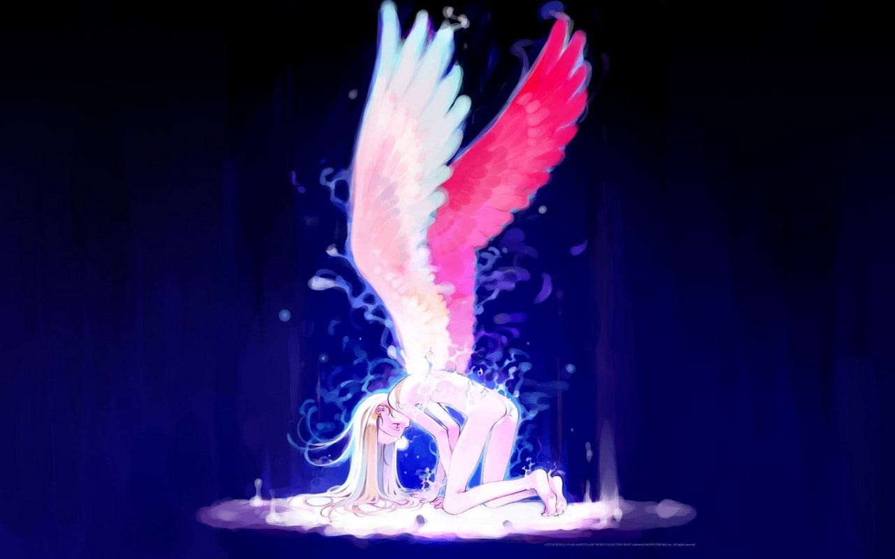 hair, blue, feathers, angels, hd, dark, 720P, dress, eyes, art, long, hatsune, t, wings, gloves, anime, bottomless, miku, black, vocaloid, hot, HD Wallpaper
