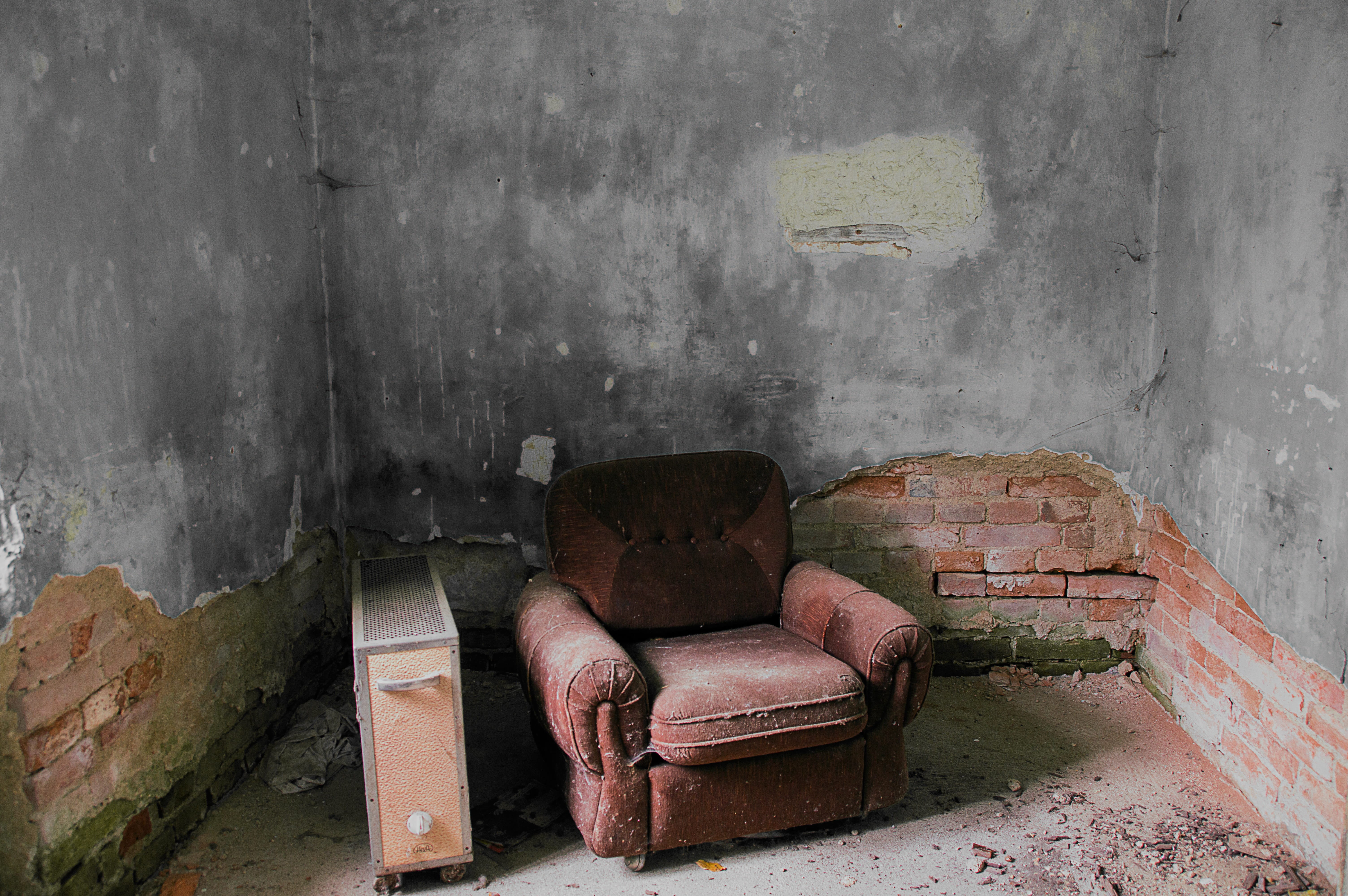 decline, lapsed, space, room, dirty, leave, history, built structure, run-down, sofa, bad condition, maroon, antique, old, heater, chair, abandoned, day, HD Wallpaper