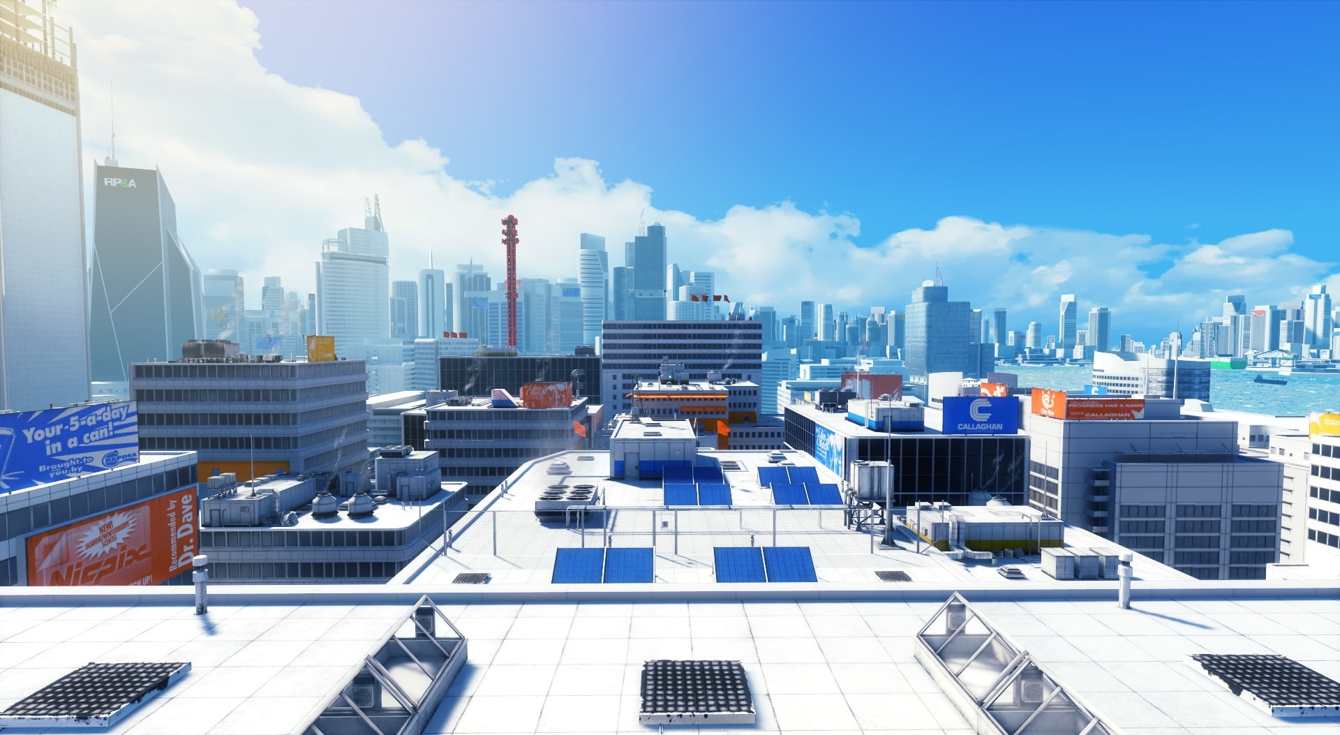 solar, Mirrors Edge, city, Game, skyscraper, day, building exterior, modern, sky, Action, sunlight, tall - high, cloud - sky, Games, heater, Mirrors, no people, HD Wallpaper