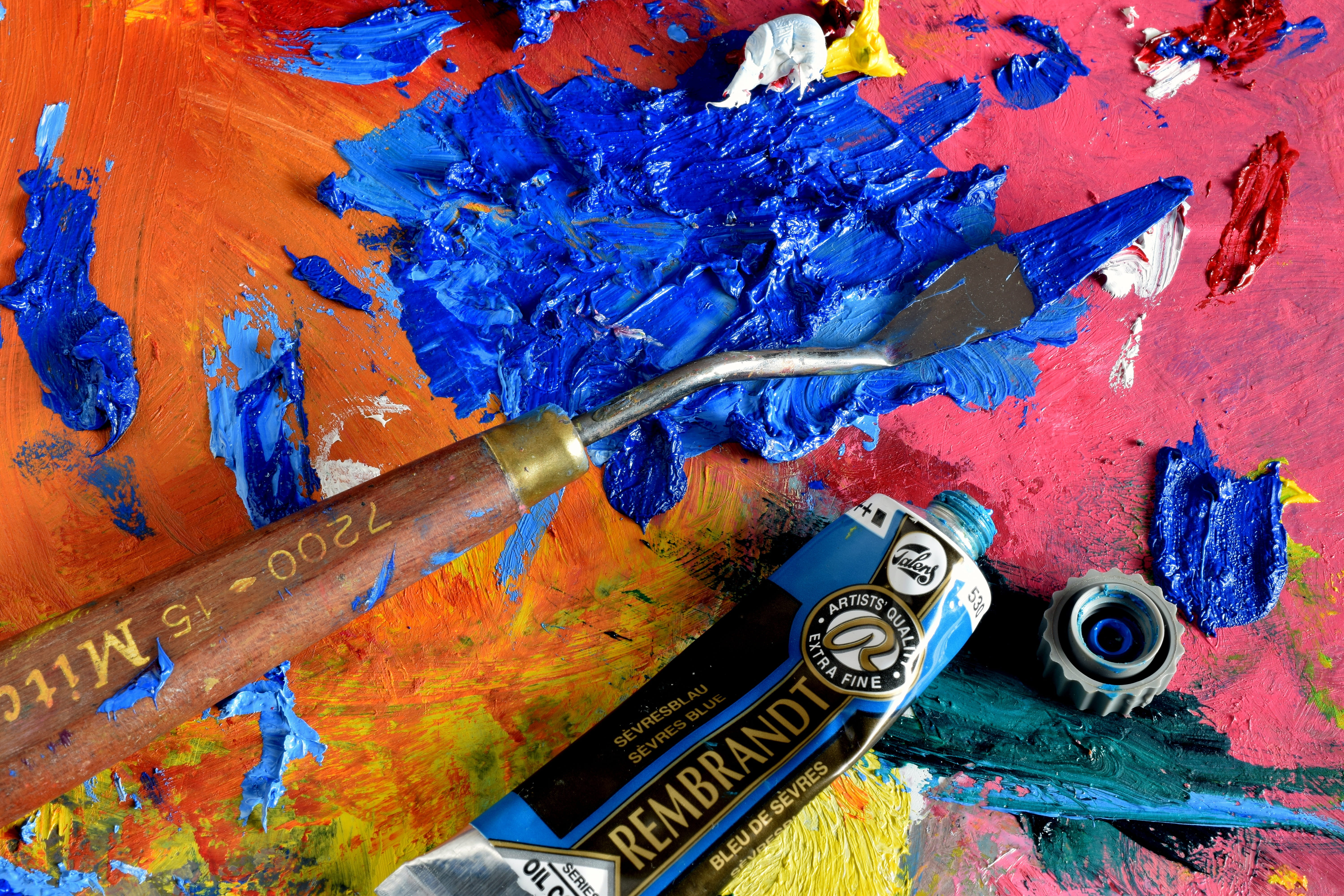 blue, full frame, painted image, wall - building feature, canvas, art and craft equipment, tube, indoors, 5K, design, brush, abstract, inkt, macro, still life, HD Wallpaper