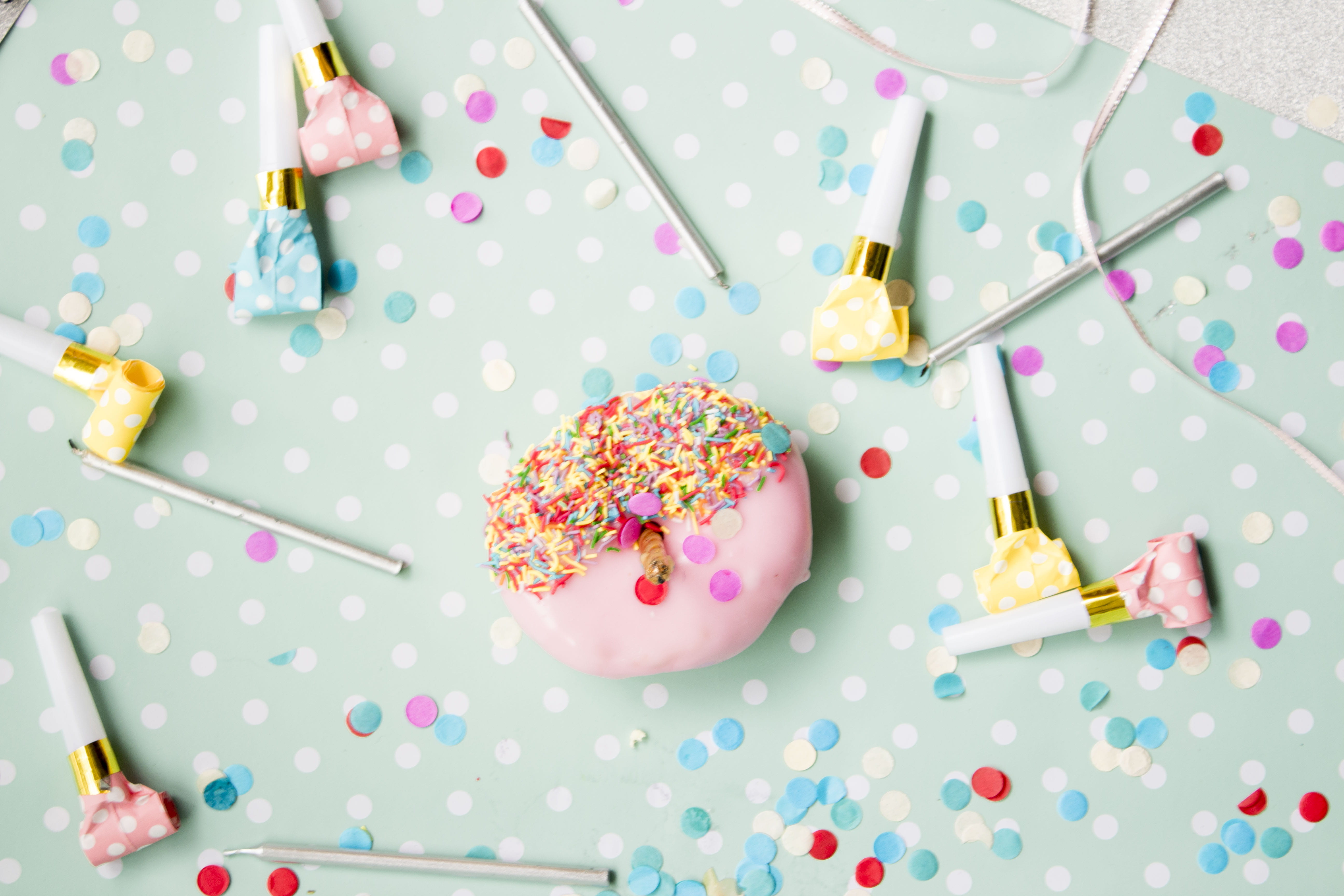 birthday candles, confetti, polka dot, high angle view, indulgence, doughnut, temptation, color, freshness, 5K, indoors, candle, baked, birthday, multi colored, HD Wallpaper