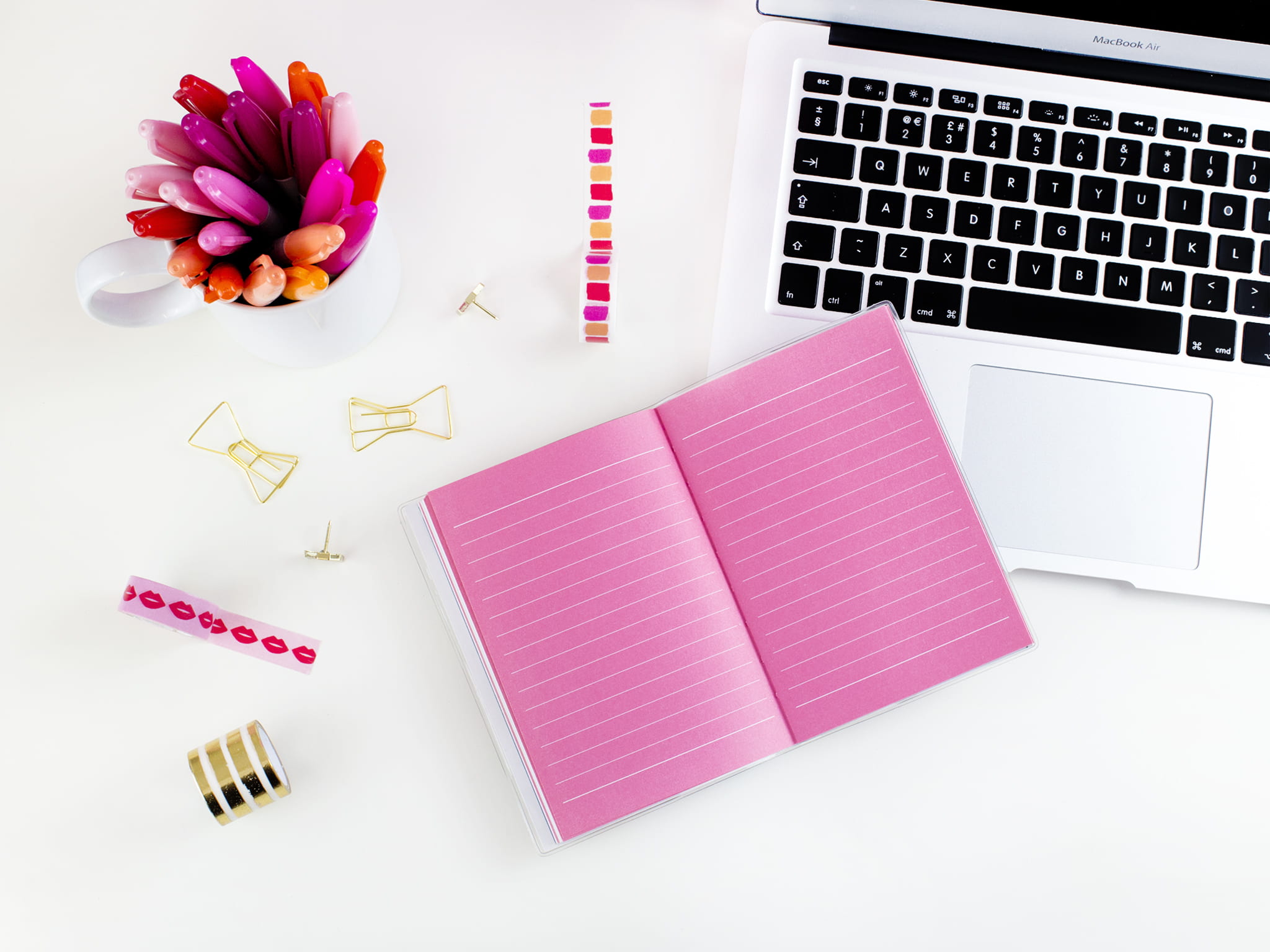 notebook, communication, pen, macbook, lay, beside, open, plant, lined, pink color, 1080P, air, page, table, message, book, flower, keyboard, pink, flay, HD Wallpaper