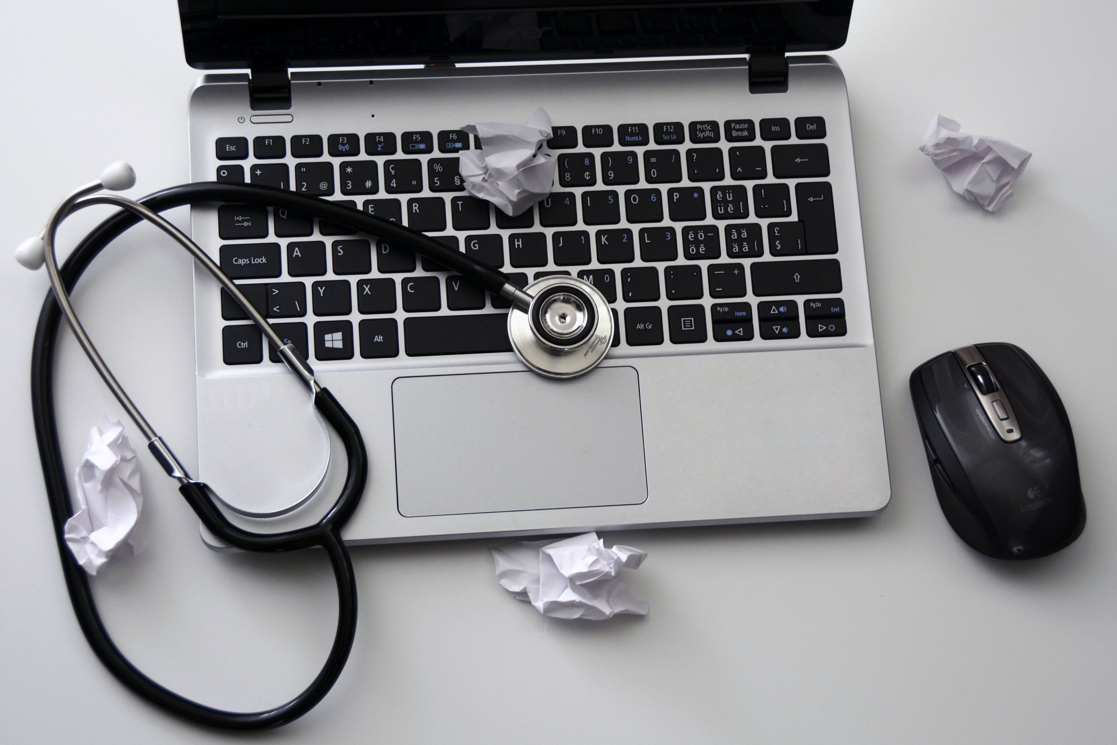 close-up, indoors, connection, computer keyboard, communication, mouse, untidy, laptop, workspace, keys, stethoscope, equipment, beside, gray, high angle view, HD Wallpaper