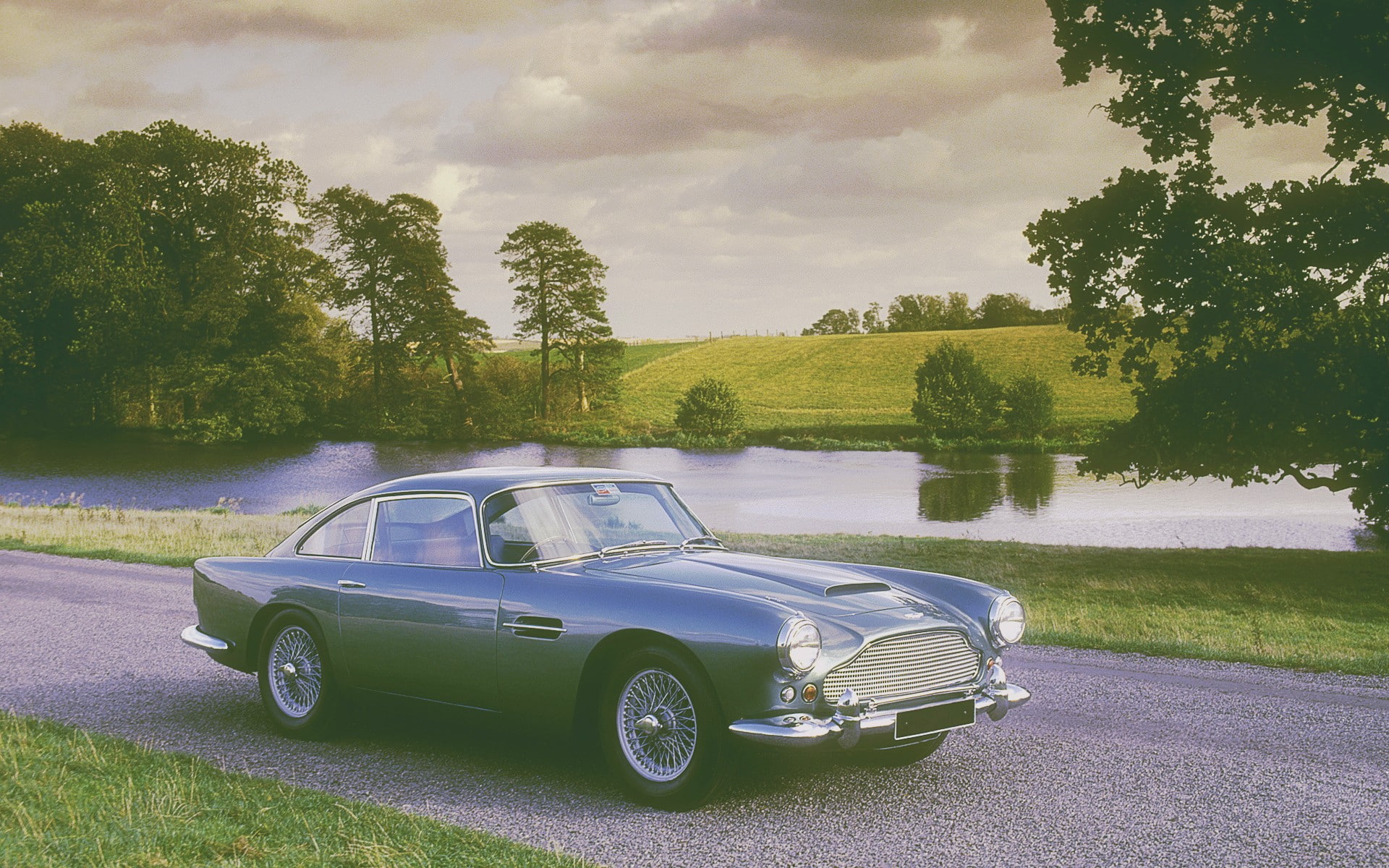 retro styled, Aston Martin, British cars, motor vehicle, lake, grass, no people, green color, 1080P, water, plant, day, land vehicle, nature, outdoors, HD Wallpaper