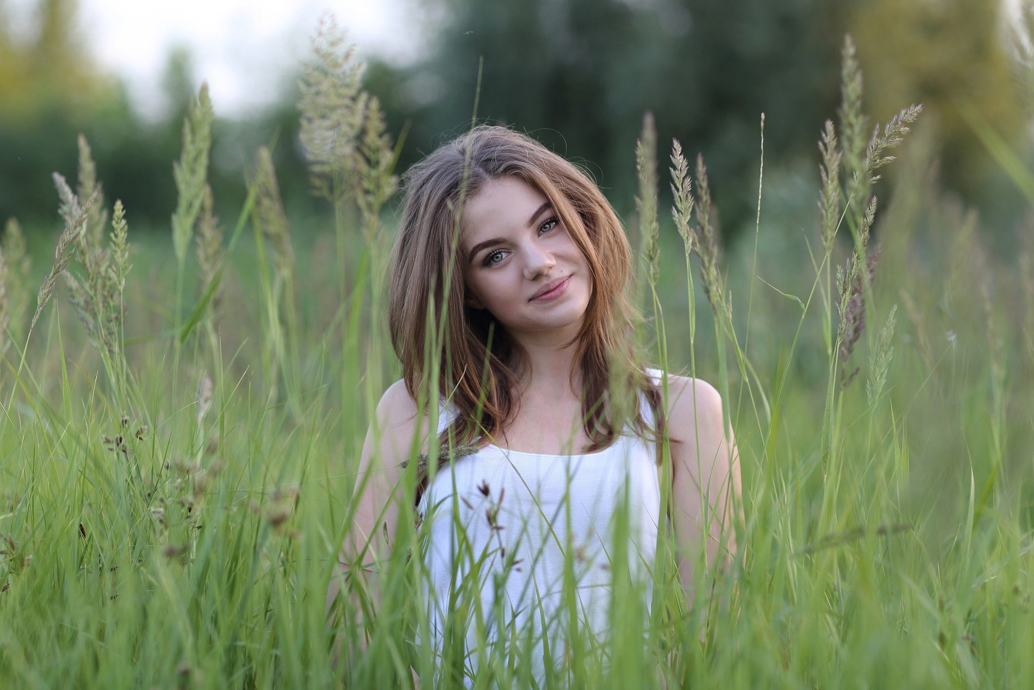 face, women outdoors, portrait, looking at viewer, smiling, auburn hair, women, grass, Margarita Murat, green eyes, 1080P, brunette, HD Wallpaper