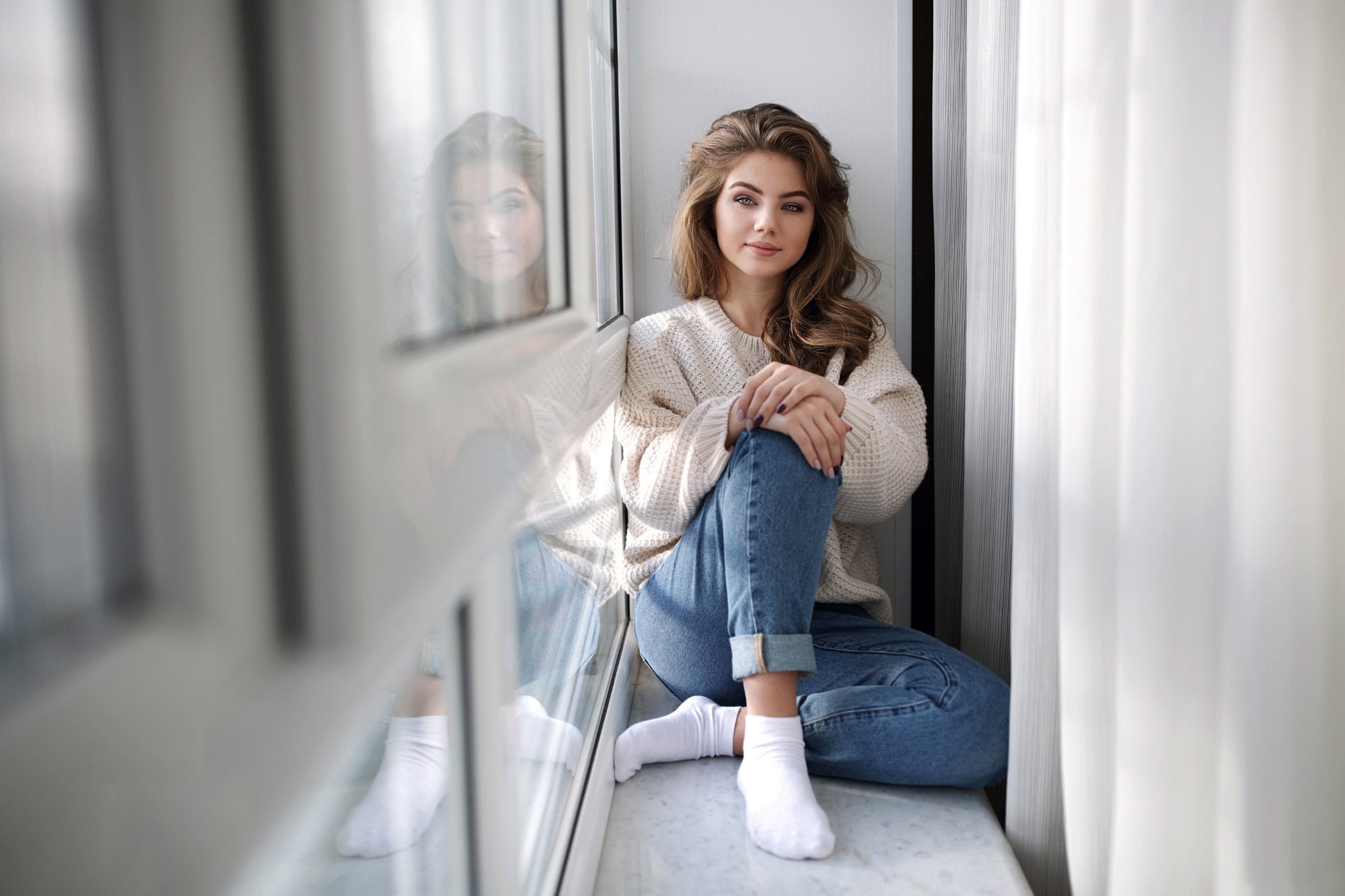 Murat Kuzhakhmetov, model, curtains, makeup, sitting, pose, Margarita, hairstyle, 1080P, beauty, portrait, socks, look, jeans, jumper, sill, window, brown, HD Wallpaper