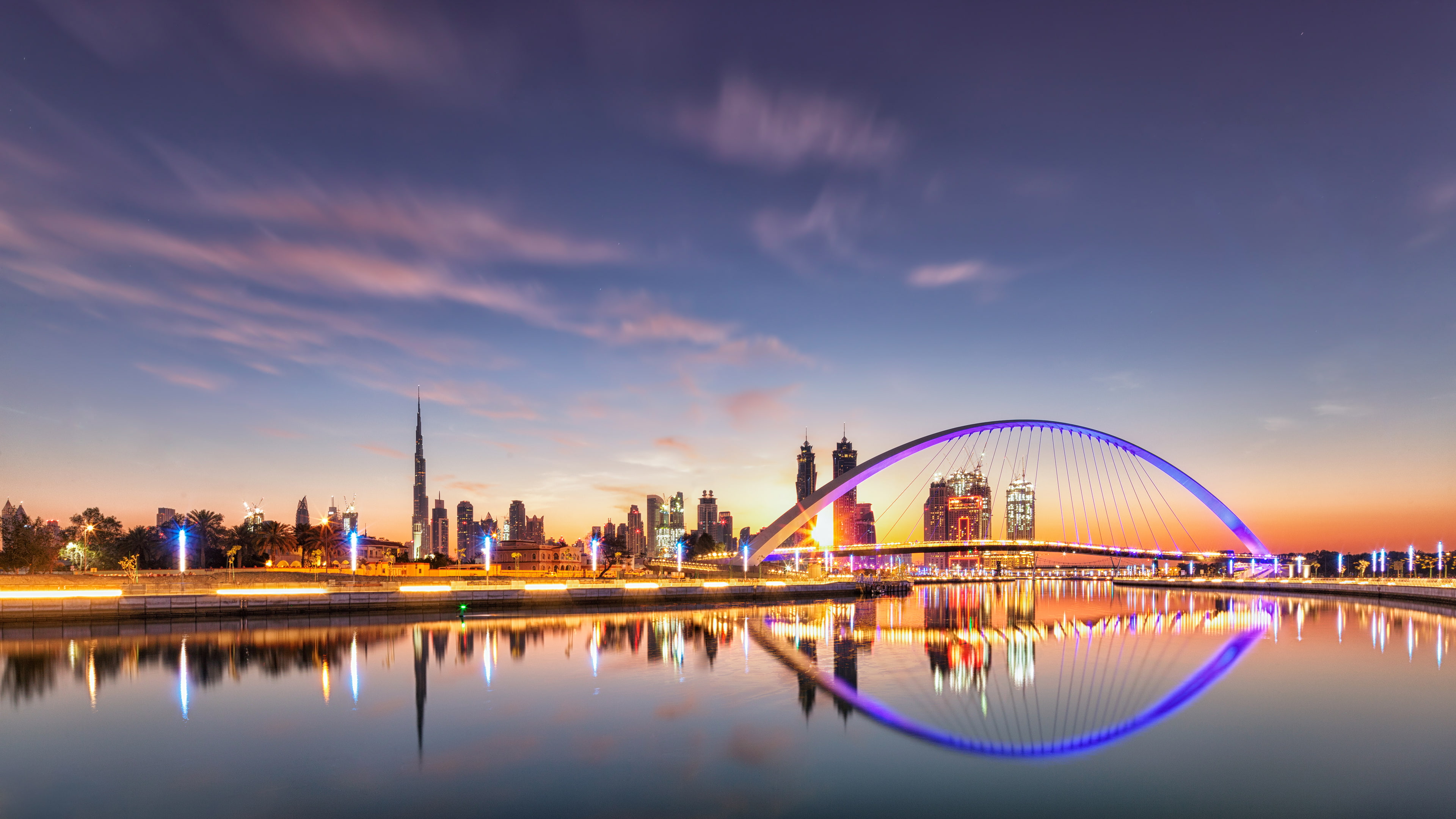 arts culture and entertainment, cloud - sky, sunset, skyscraper, building, Dubai, water, modern, outdoors, office building exterior, urban skyline, Cityscape, HD Wallpaper