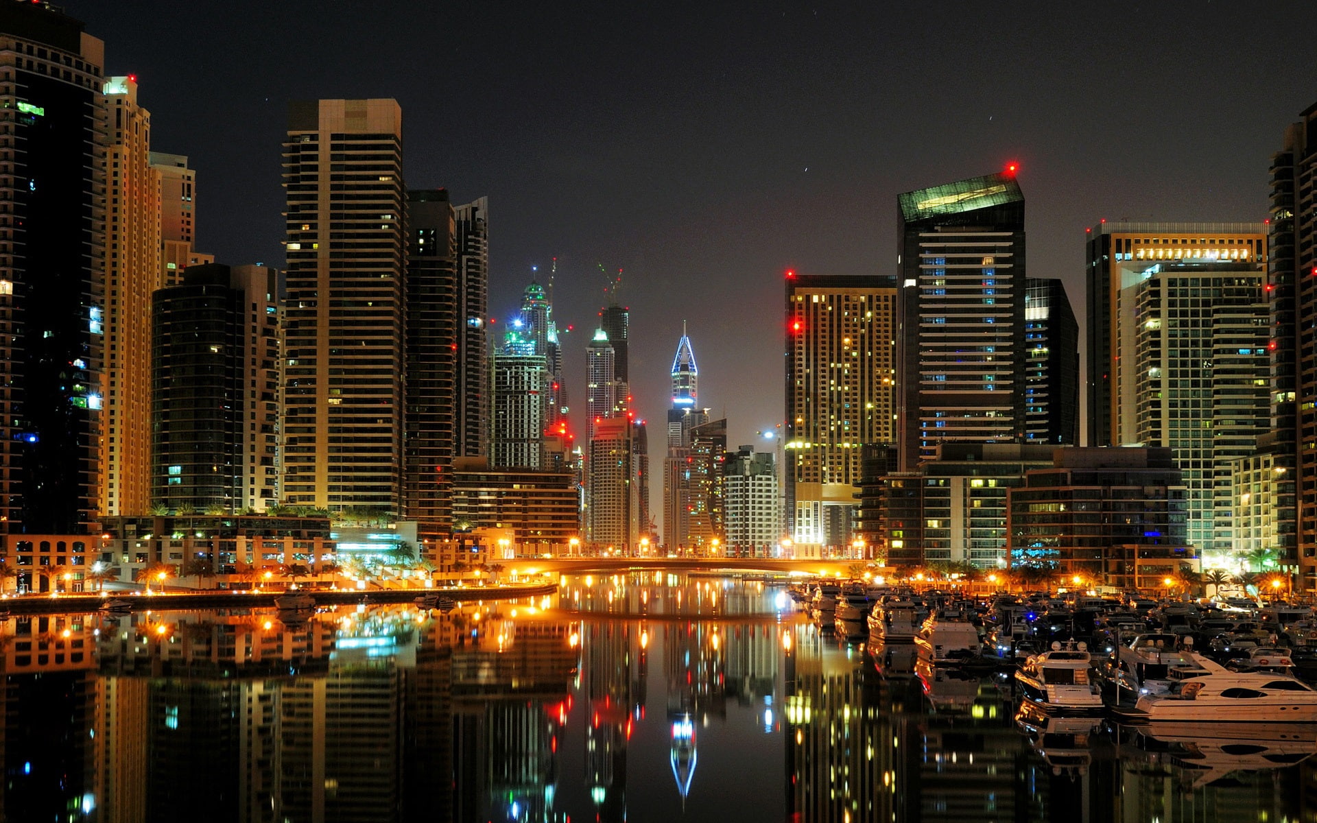 City, Lights, Dubai, Buildings, 1080P, Night, Boats, Port, Yachts, HD Wallpaper