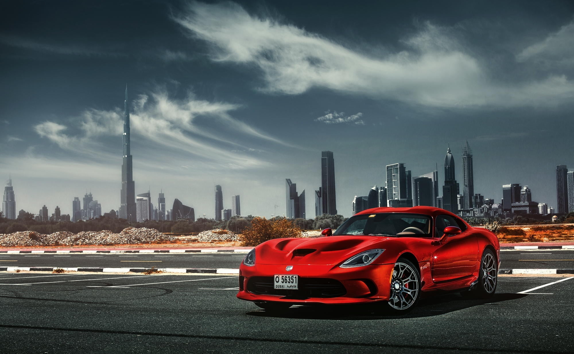 dodge viper, luxury, srt, asphalt, skyscraper, cityscape, finance, street, sky, road, financial district, car, building, mode of transportation, land Vehicle, HD Wallpaper
