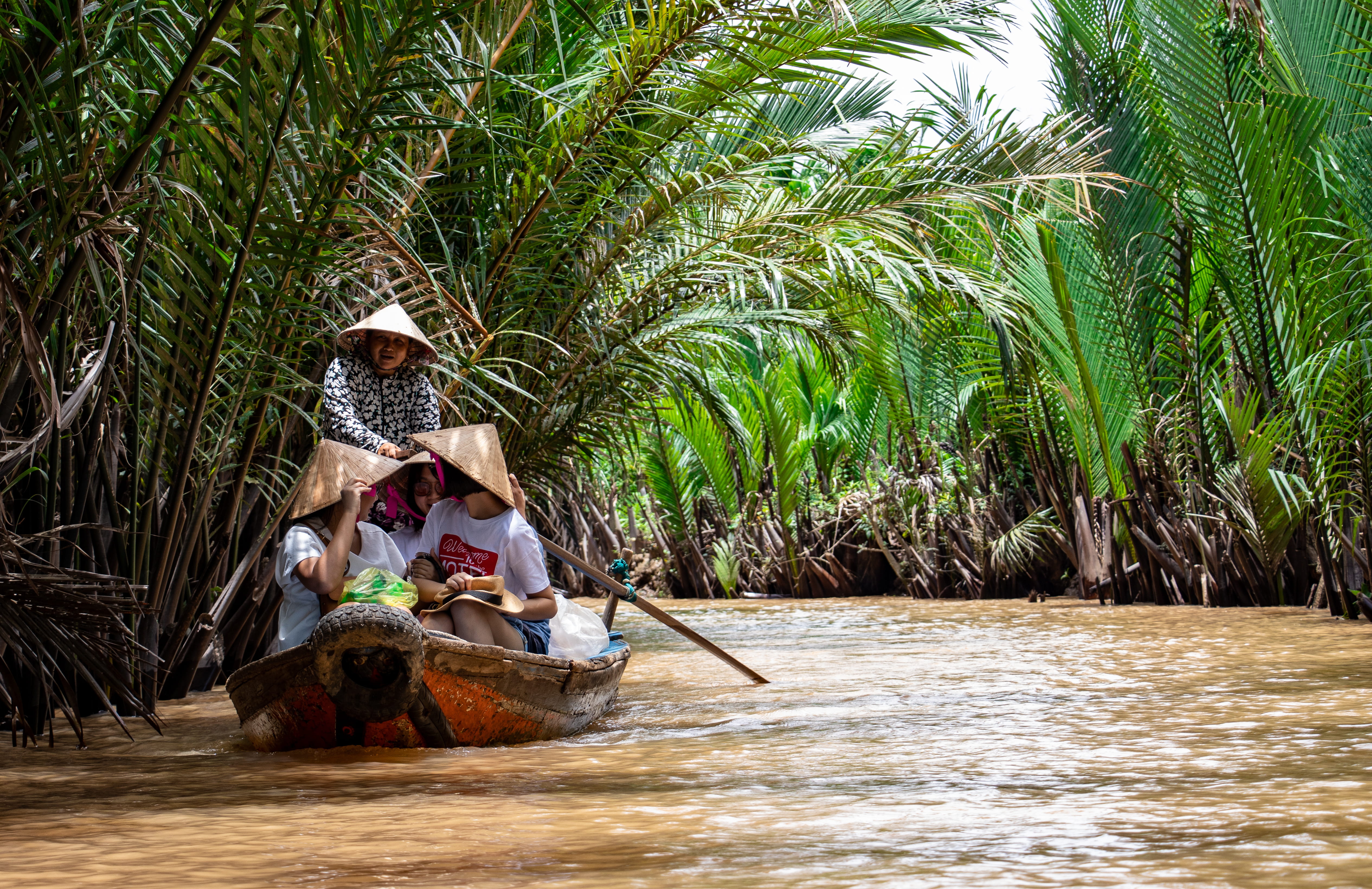 tropical climate, nautical vessel, tree, Mekong, women, adult, two people, palm tree, seashore, real people, traveling, watercraft, plant, rainforest, hat, HD Wallpaper