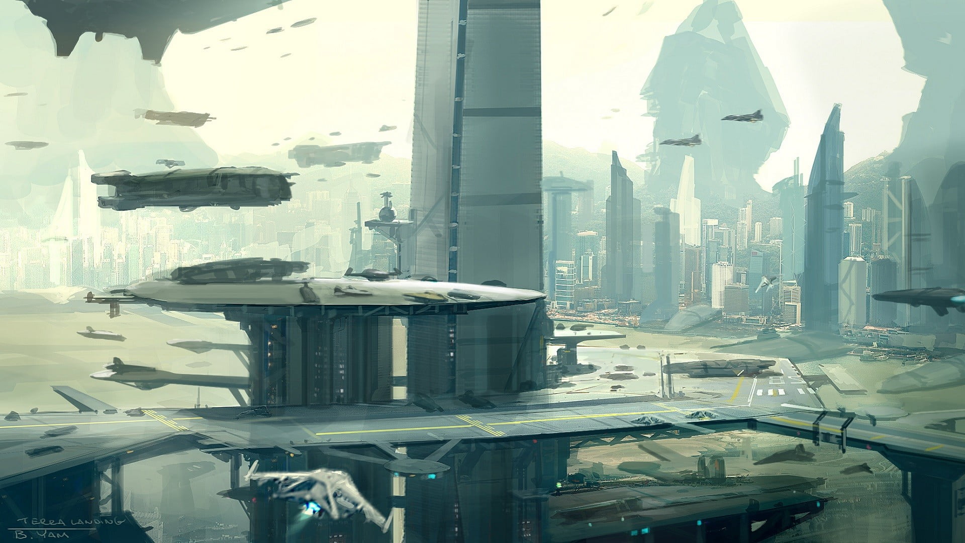 movie, glass - material, day, futuristic, cityscape, spacecraft, built Structure, artwork, 1080P, airplane, air vehicle, urban Scene, aircraft, HD Wallpaper