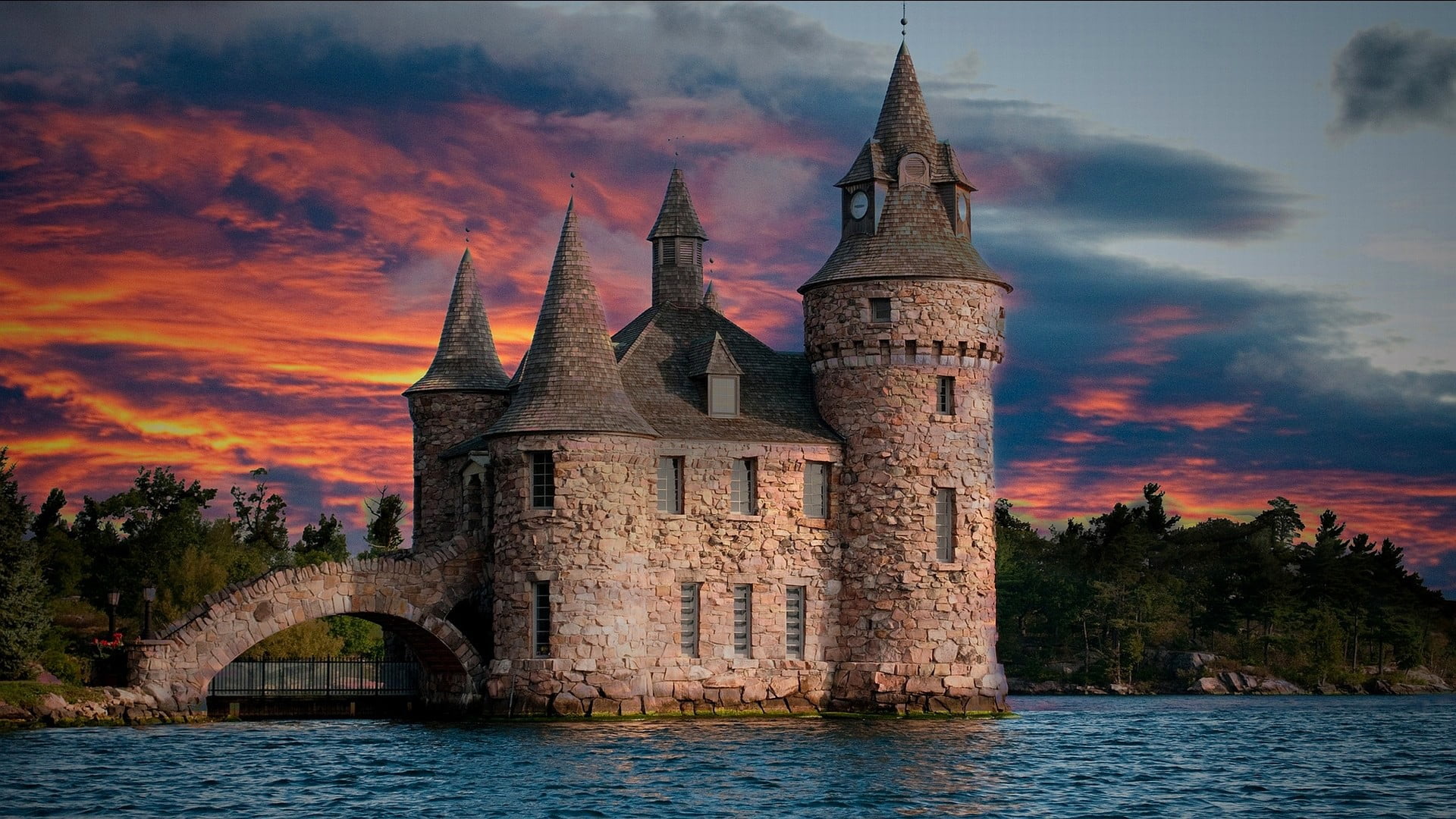 castle, digital, trees, tower, travel, river, reflection, 1080P, bridge, old, cityscape, scenics, the past, untitled, building, blue, architecture, travel Destinations, HD Wallpaper
