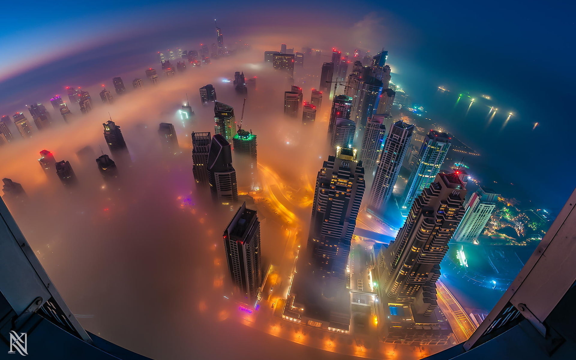 mist, 1080P, fisheye, lights, fog, night, skyscrapers, hd, buildings, cityscape, HD Wallpaper