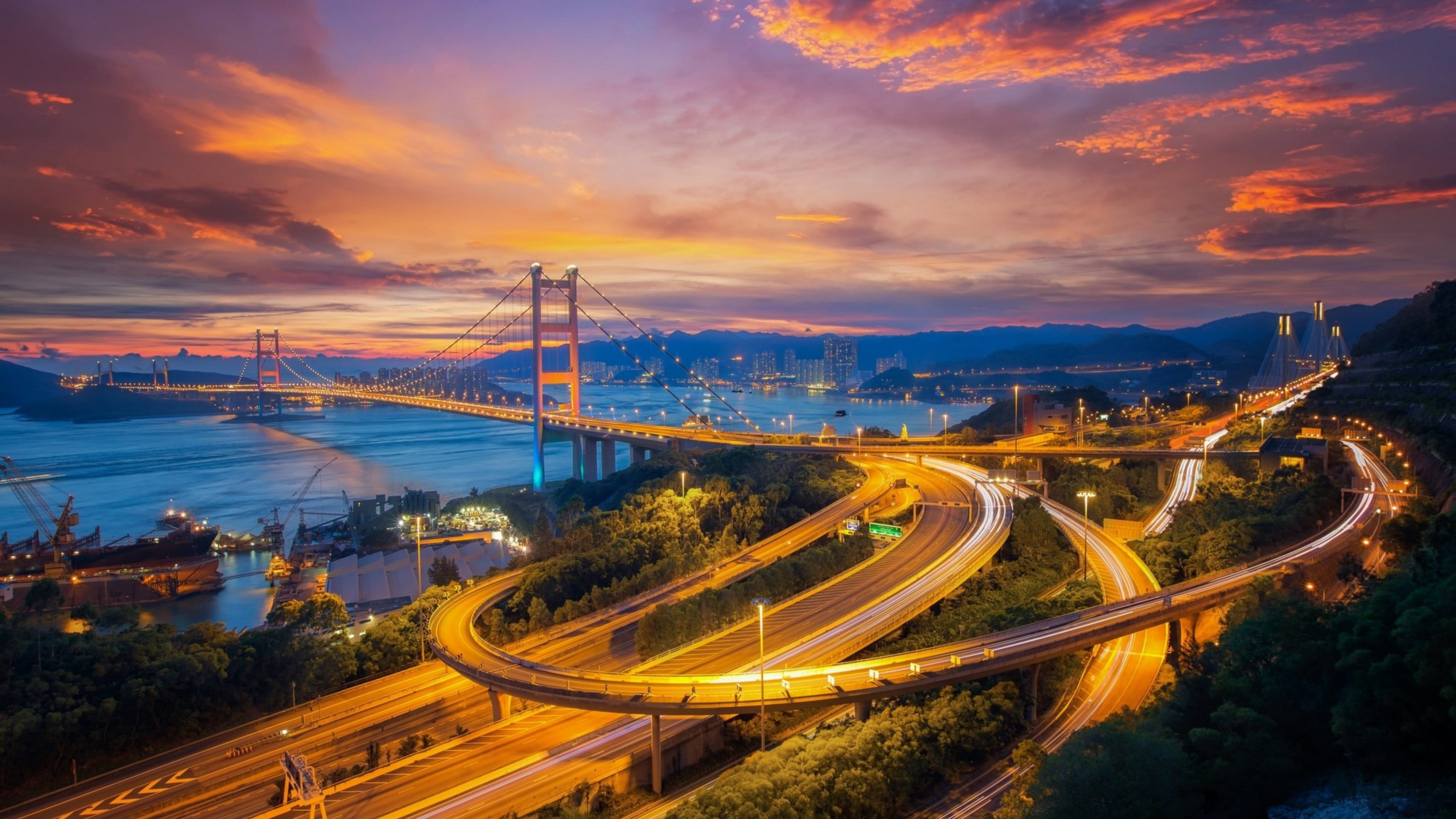 dusk, water, no people, long exposure, architecture, road, motion, cloud - sky, cityscape, nature, city, outdoors, landmark, light trail, built structure, HD Wallpaper