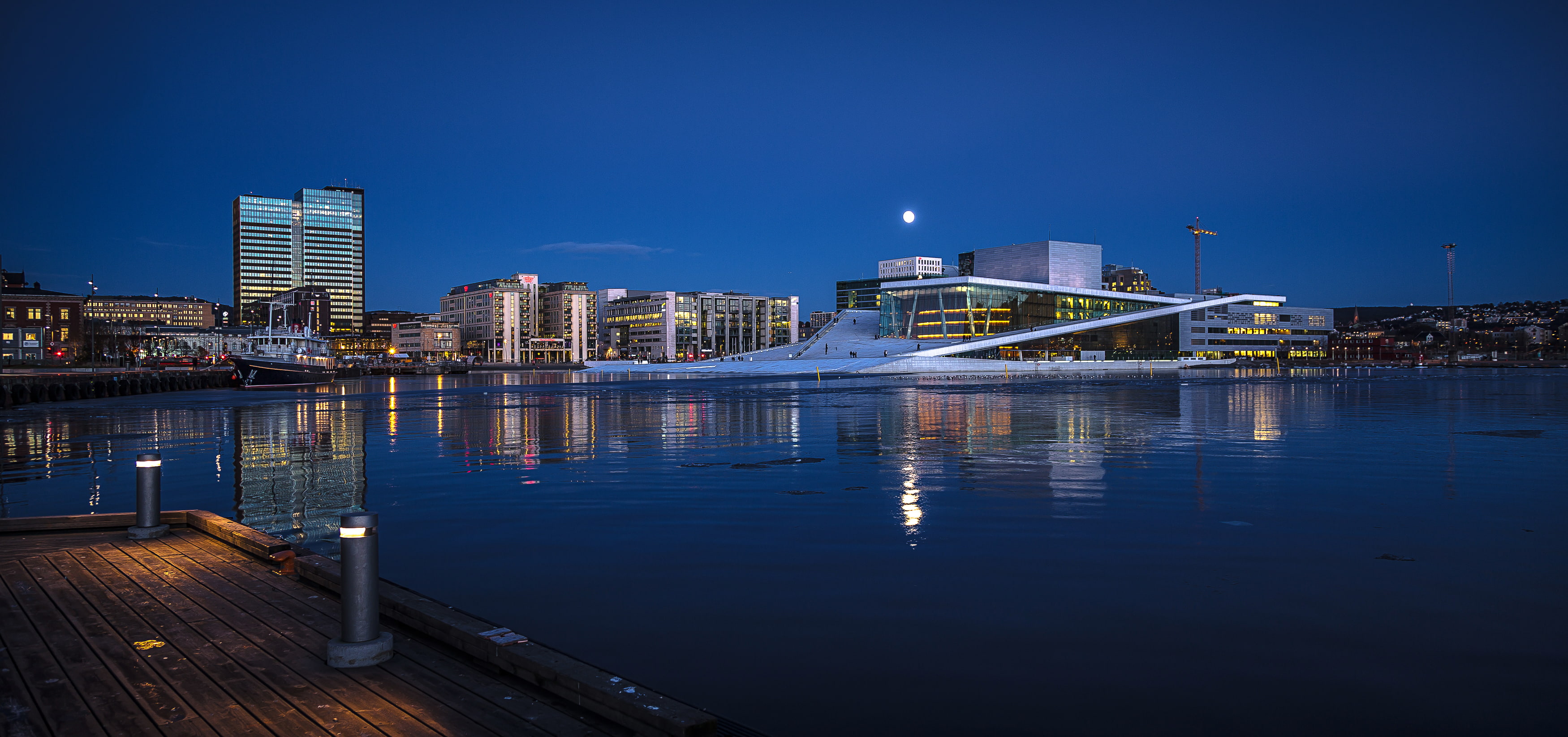 nature, travel destinations, modern, landscape, Opera house, city, building exterior, buildings, high, illuminated, dusk, Norway, architecture, cityscape, HD Wallpaper