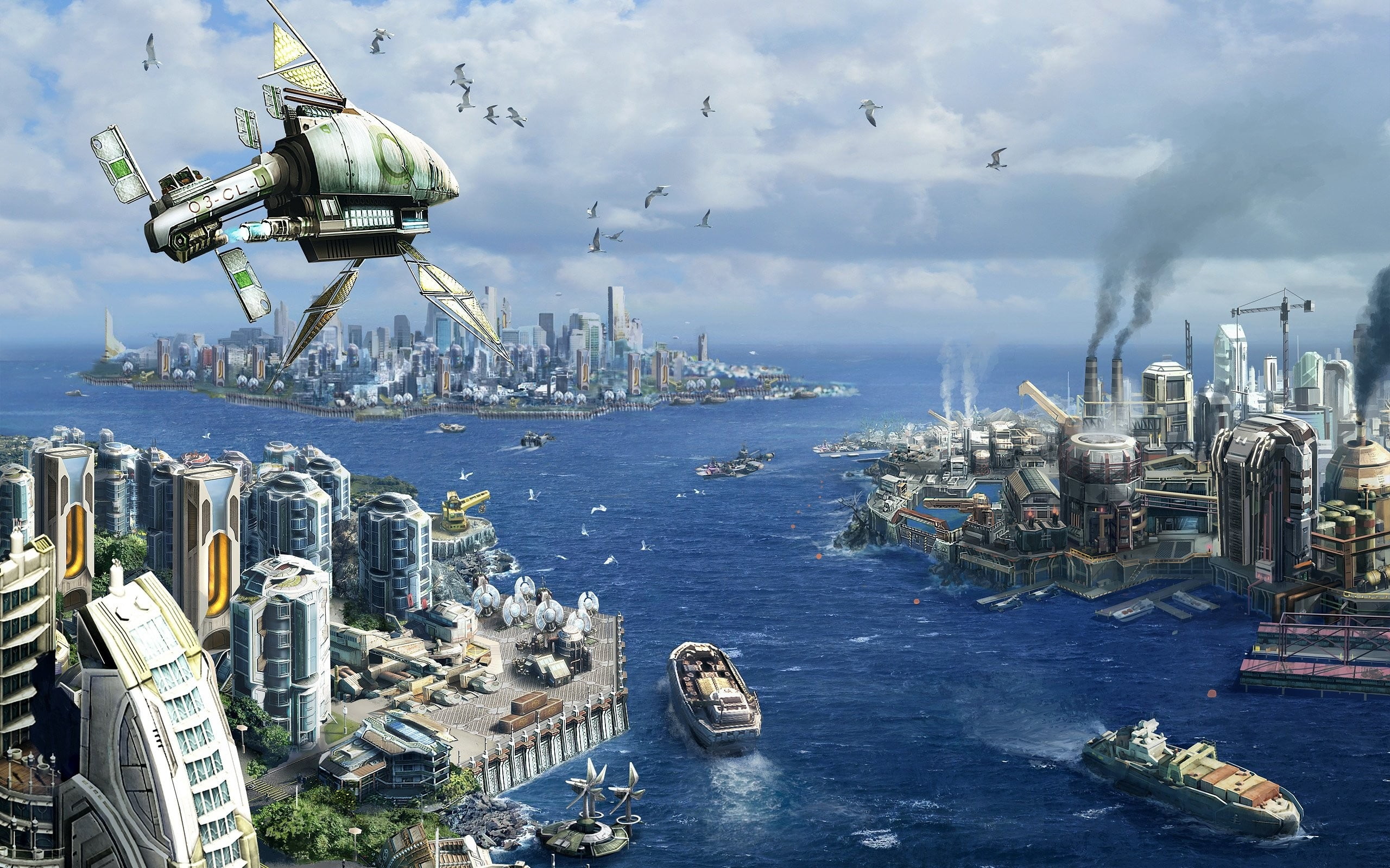 ships, finance, no people, skyscraper, travel, tower, buildings, urban Skyline, city, blue, office Building, river, waterfront, water, built Structure, HD Wallpaper