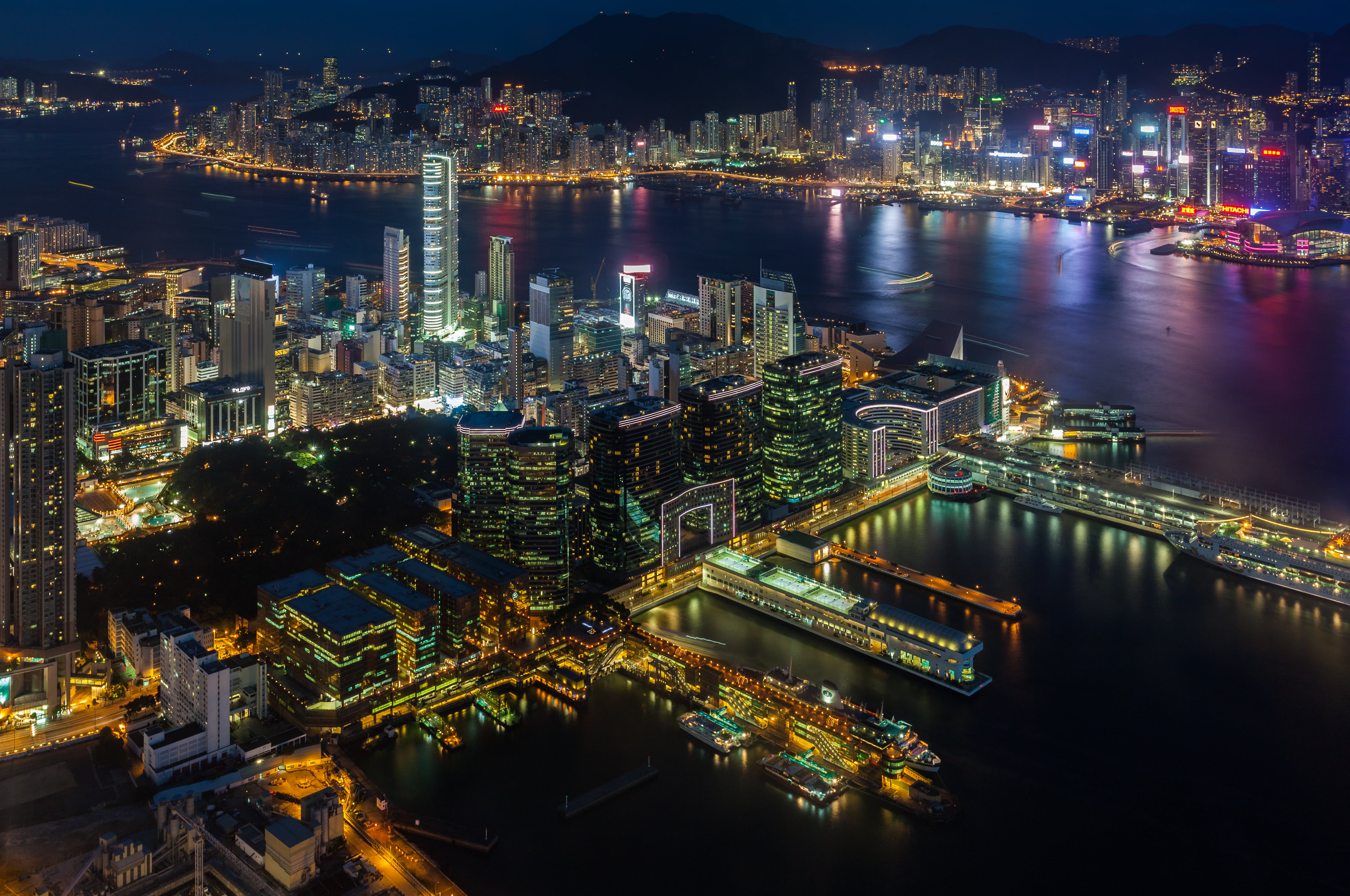 nightlife, cityscape, office building exterior, 4K, modern, financial district, night, building, skyscraper, high angle view, harbour, city, water, nature, HD Wallpaper