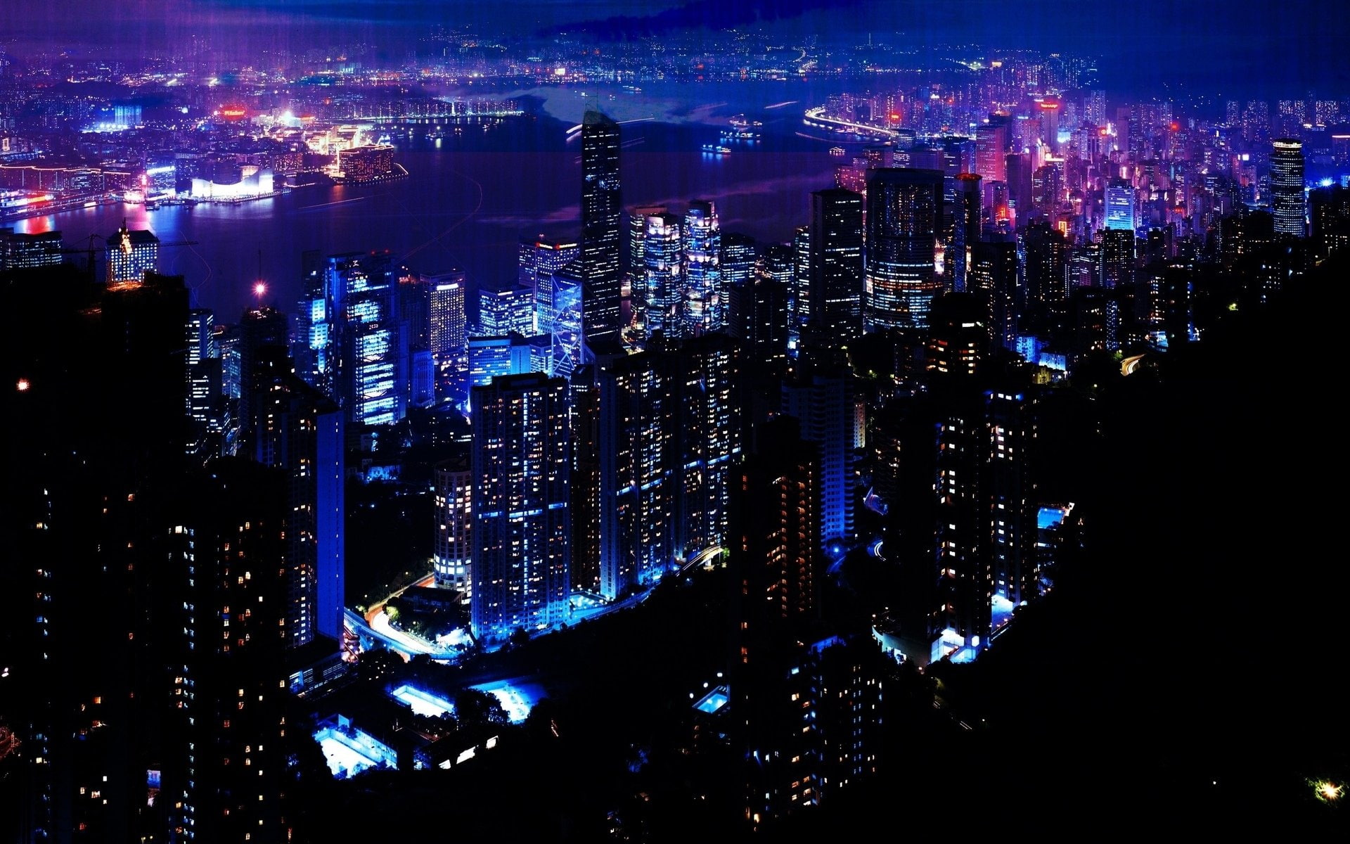 Victoria Harbour, concrete, black, 1080P, Cities, building, Hong Kong, HD Wallpaper