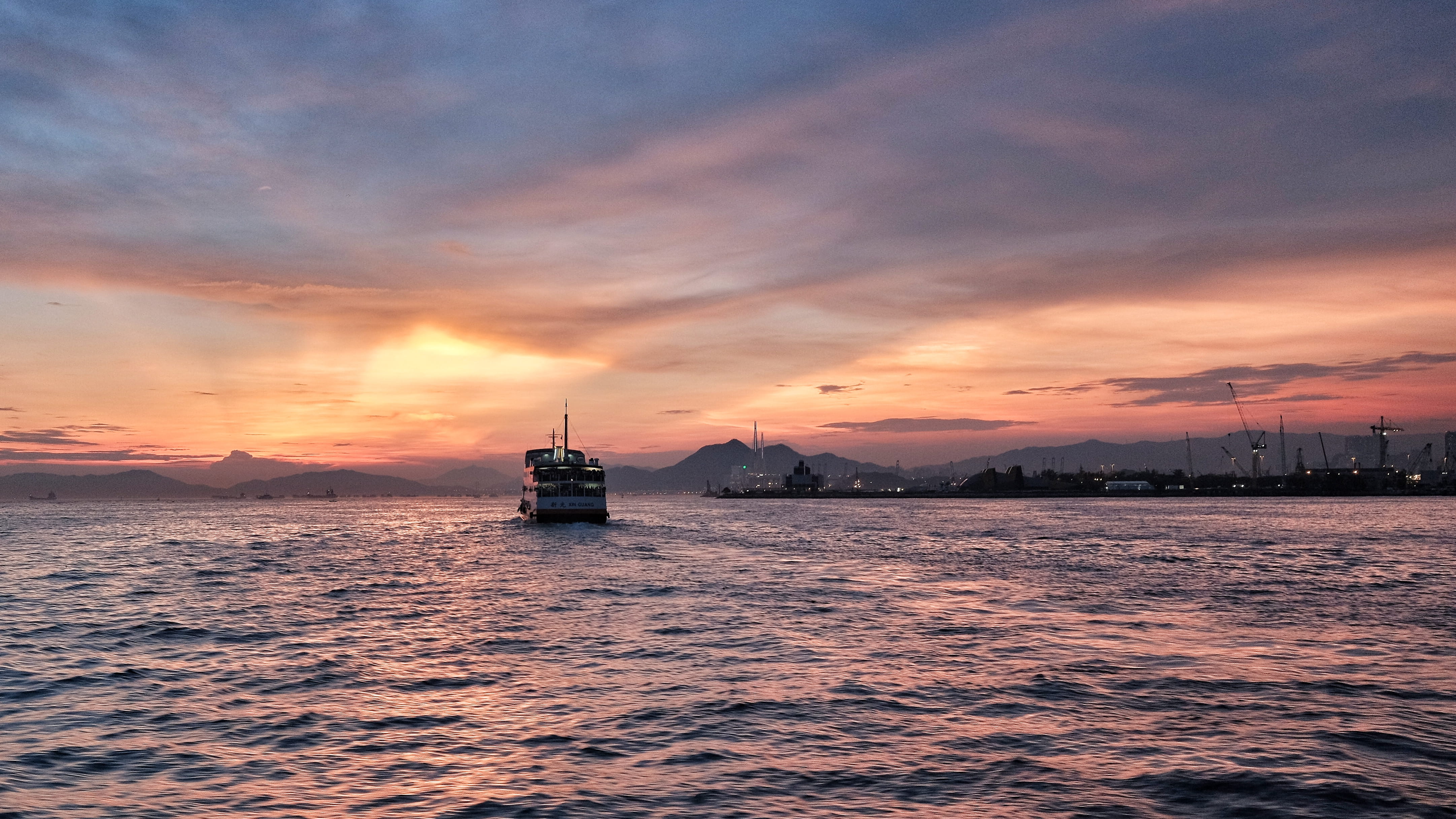 transportation, beauty in nature, 4K, ship, nature, sunset, nautical vessel, mode of transportation, sailboat, travel, victoria harbour, water, tranquil scene, HD Wallpaper