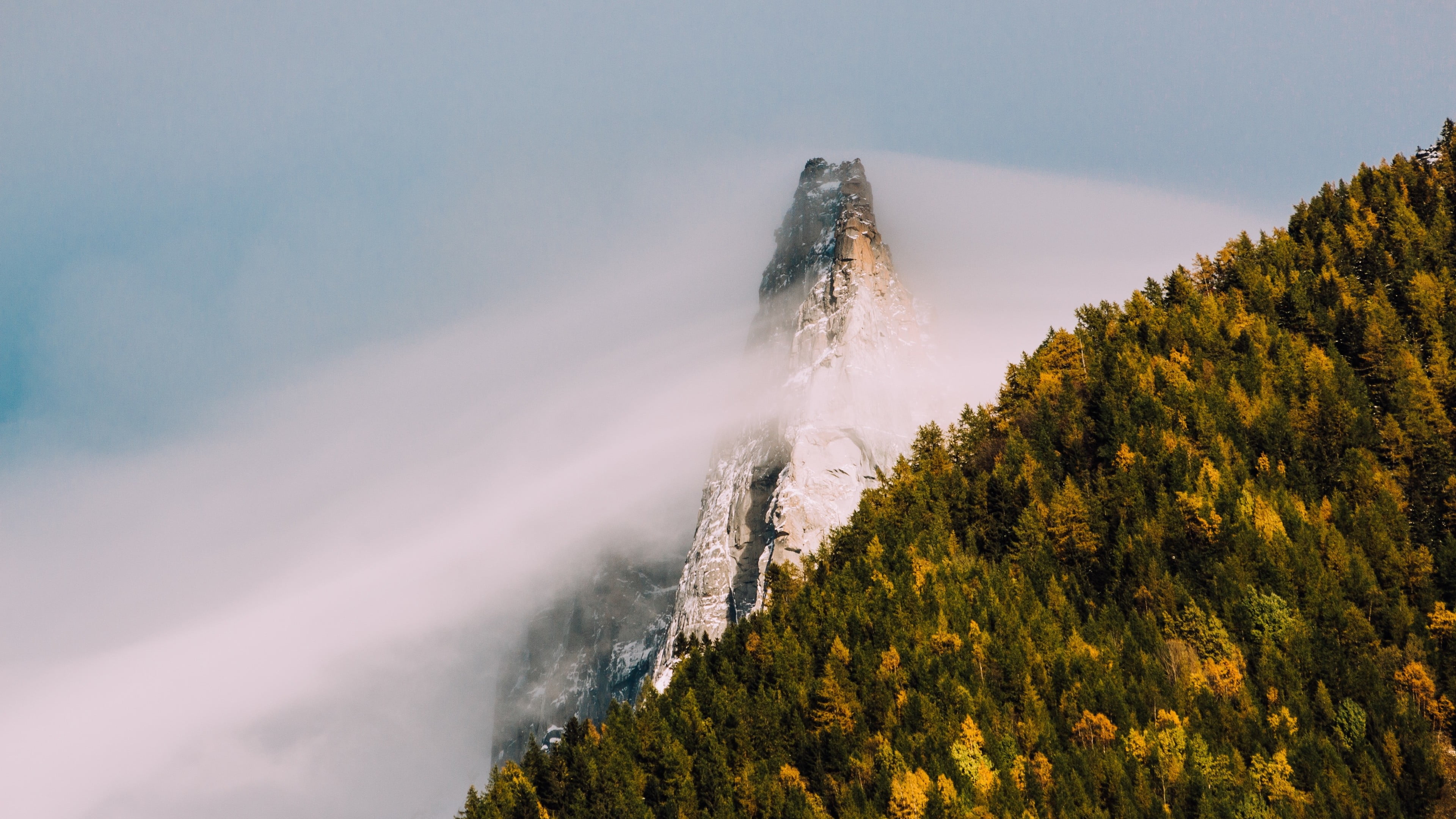 snowy peak, mountains, mountain peak, tranquil scene, fog, land, forest, angle, long exposure, tree, non-urban scene, cloud - sky, 4K, photography, nature, HD Wallpaper