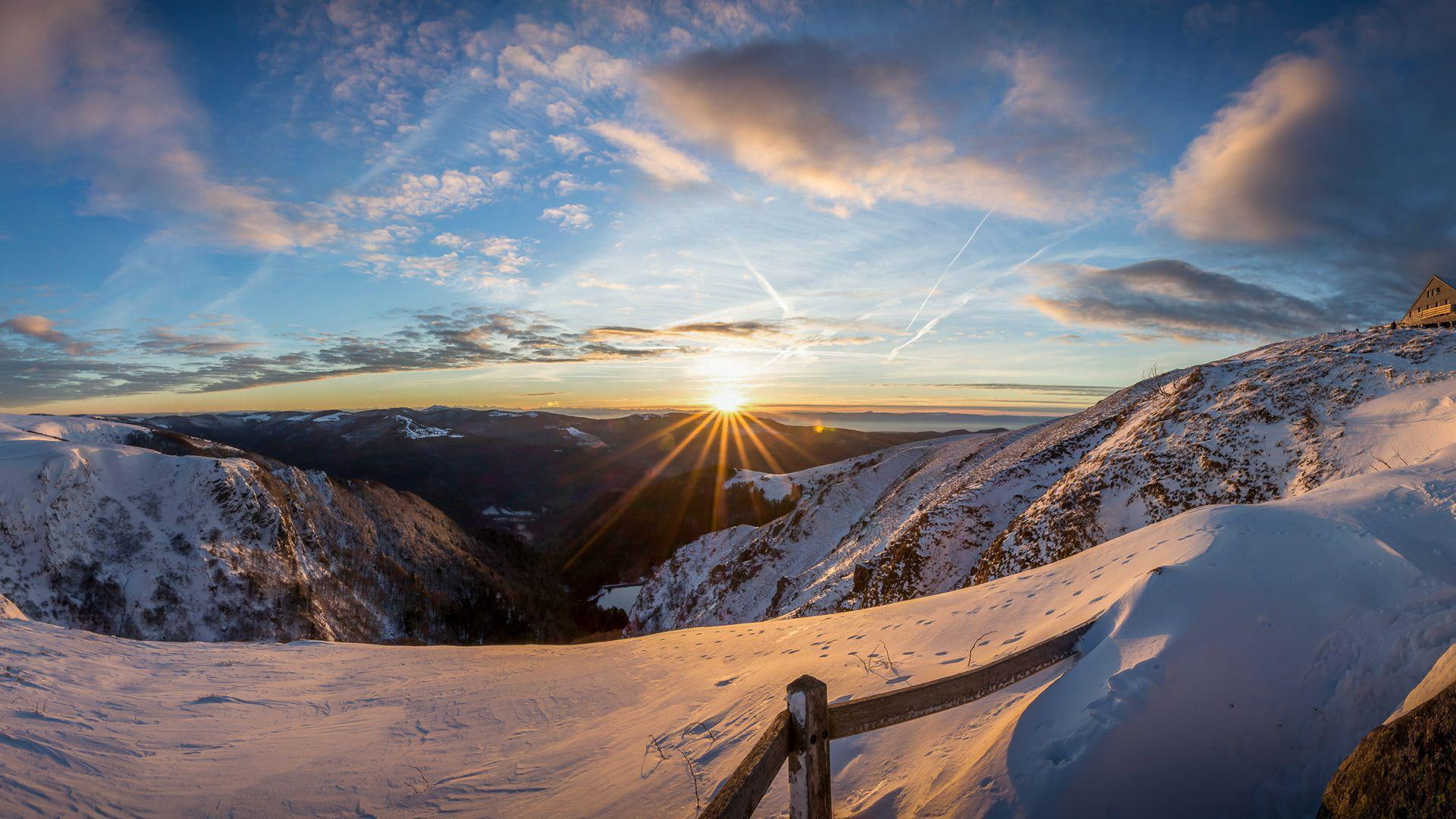 nature, cloud, 1080P, covered, peaks, mountain, 1920x1080, sunrise, winter, snow, HD Wallpaper