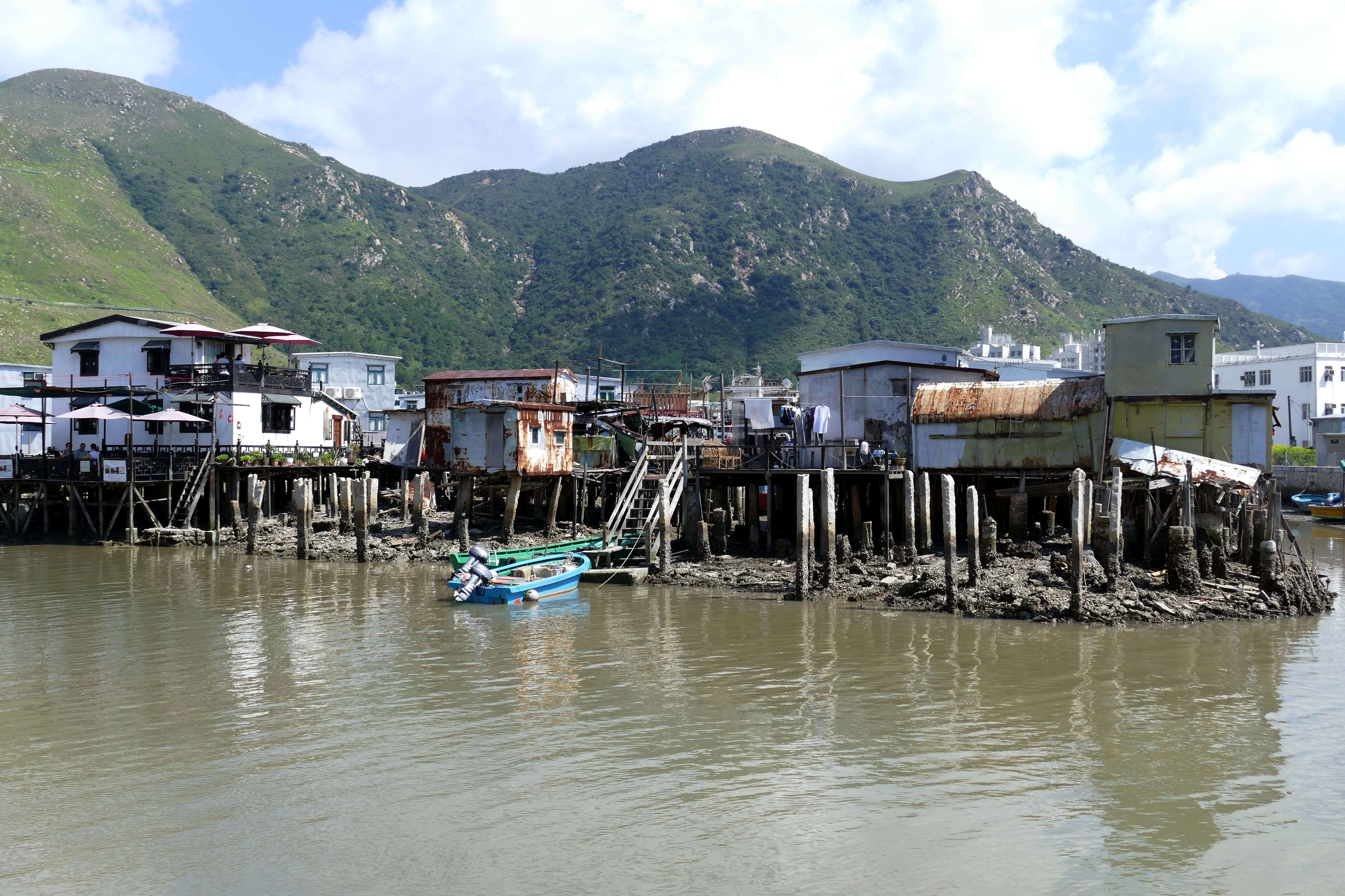 sky, fischer, fishing village, building, village, ship, residential district, mountain, transportation, live, nautical Vessel, Asia, water, building exterior, HD Wallpaper